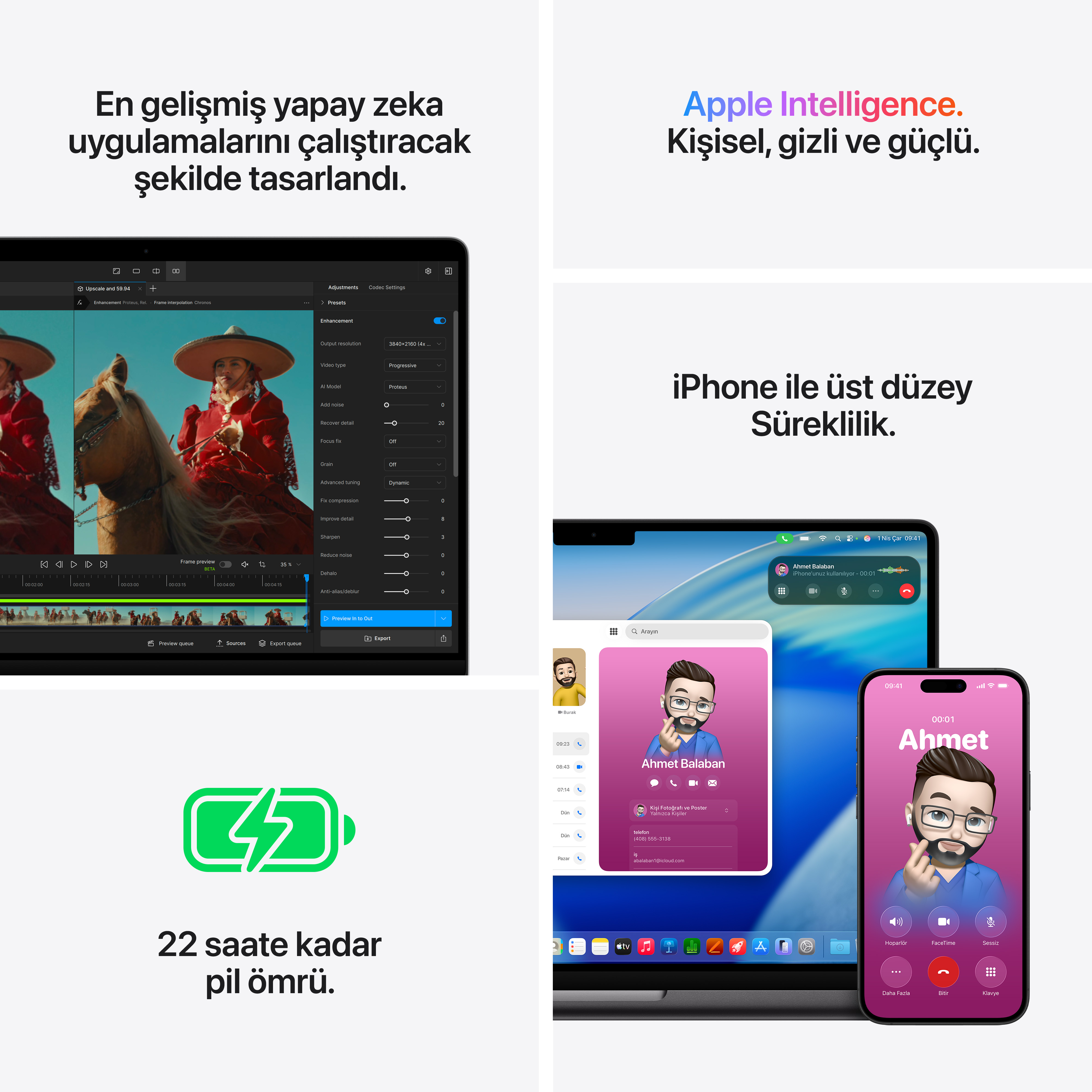 Video düzenleyici, laptop, arama yapan iPhone ve pil simgesi.