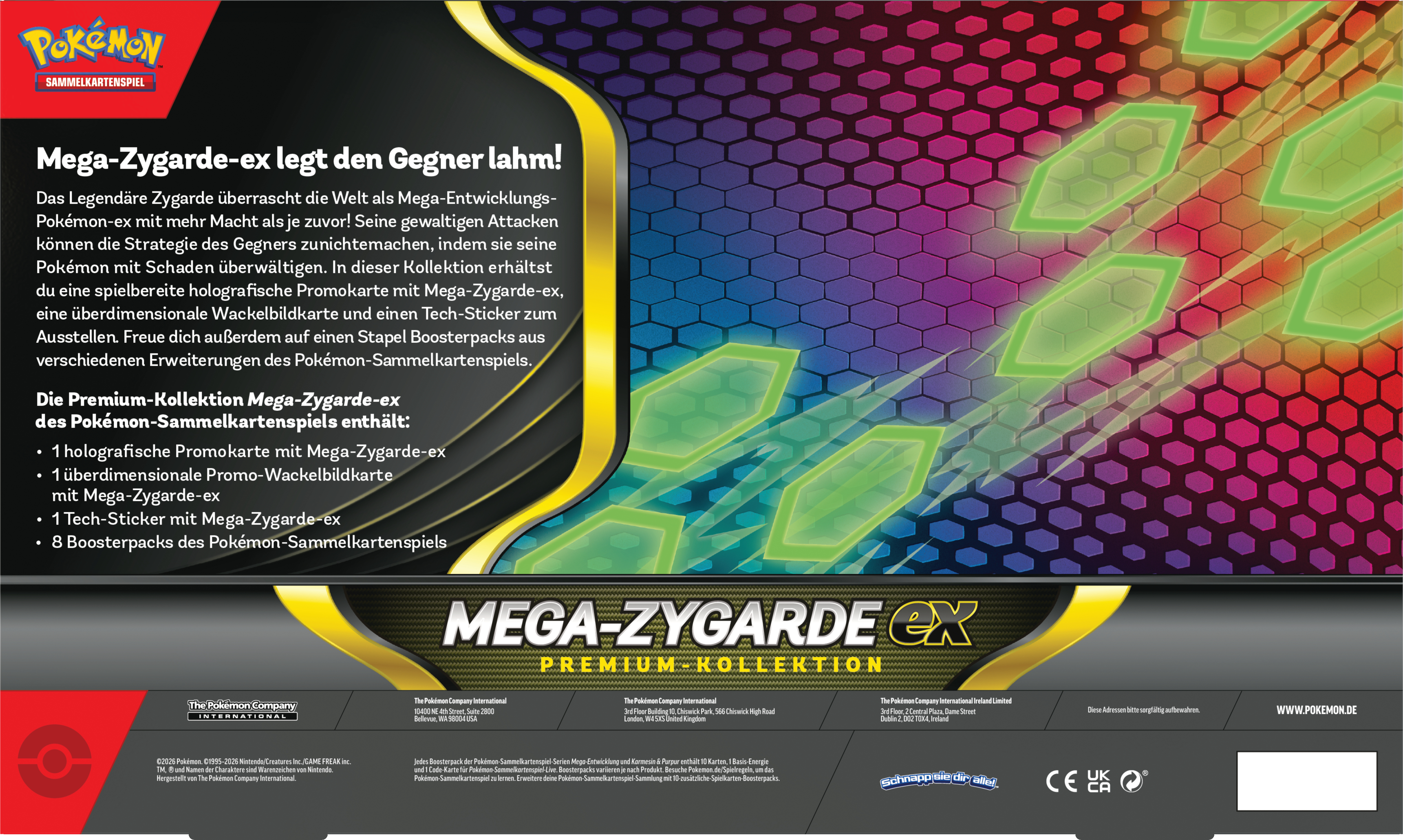 Pokémon Mega-Zygarde-ex Premium Kollektion mit Heksagon-Muster und grünen Elementen.