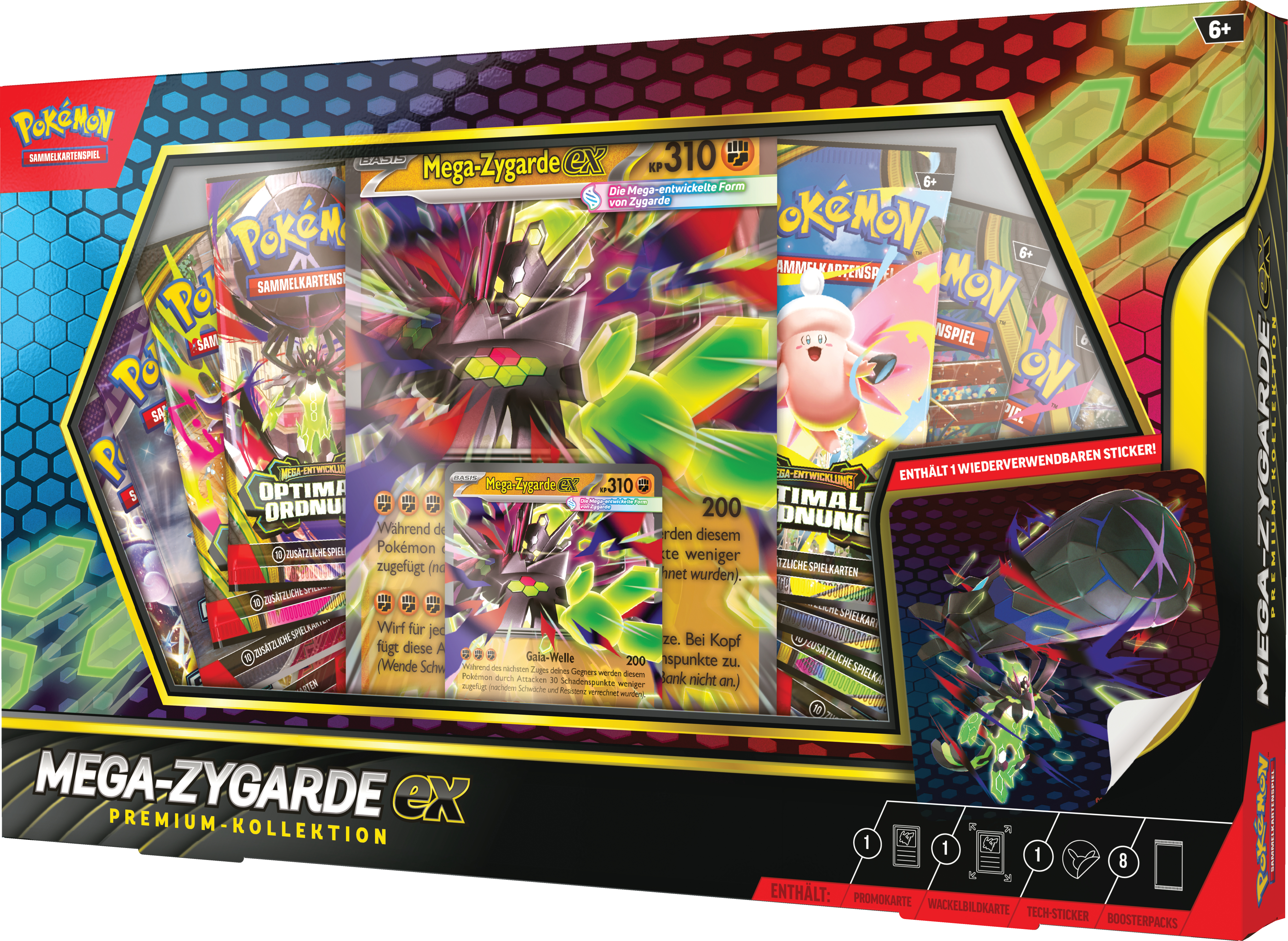 Pokemon Mega-Zygarde EX Premium Kollektion mit Spielkarten und Stickern.