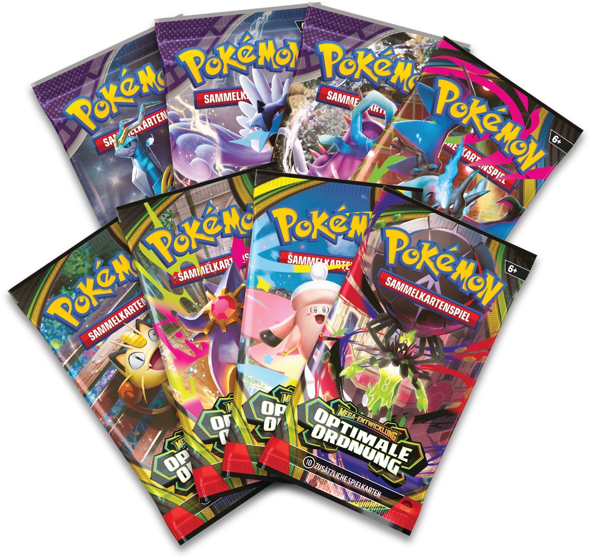 Mehrere bunte Pokémon Sammelkarten-Packs liegen übereinander.