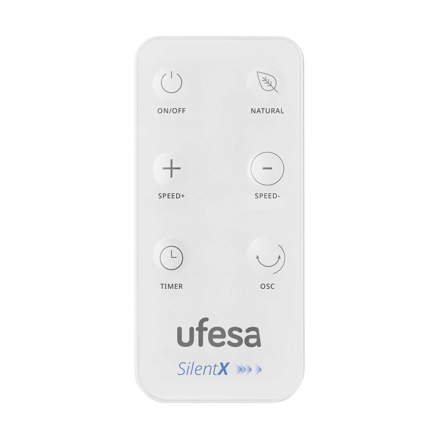 Un telecomando Ufesa bianco con pulsanti per accensione/spegnimento, velocità e timer.