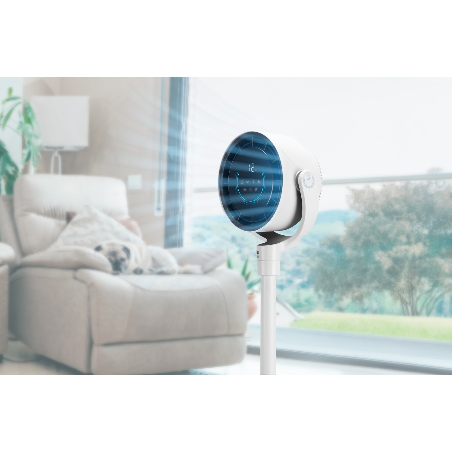 Un ventilatore su un supporto, un cane dorme su una poltrona.