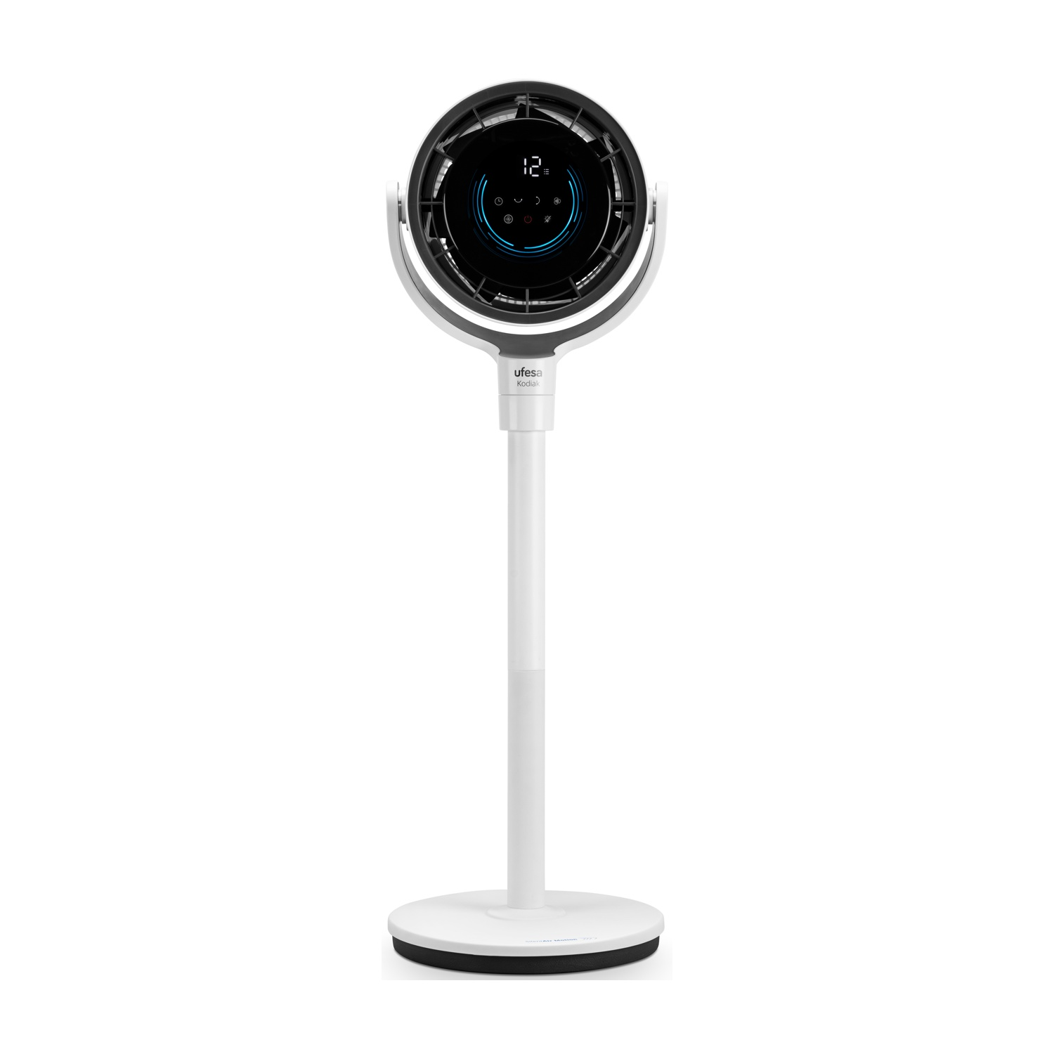 Ventilatore da terra bianco con griglia nera e display digitale.
