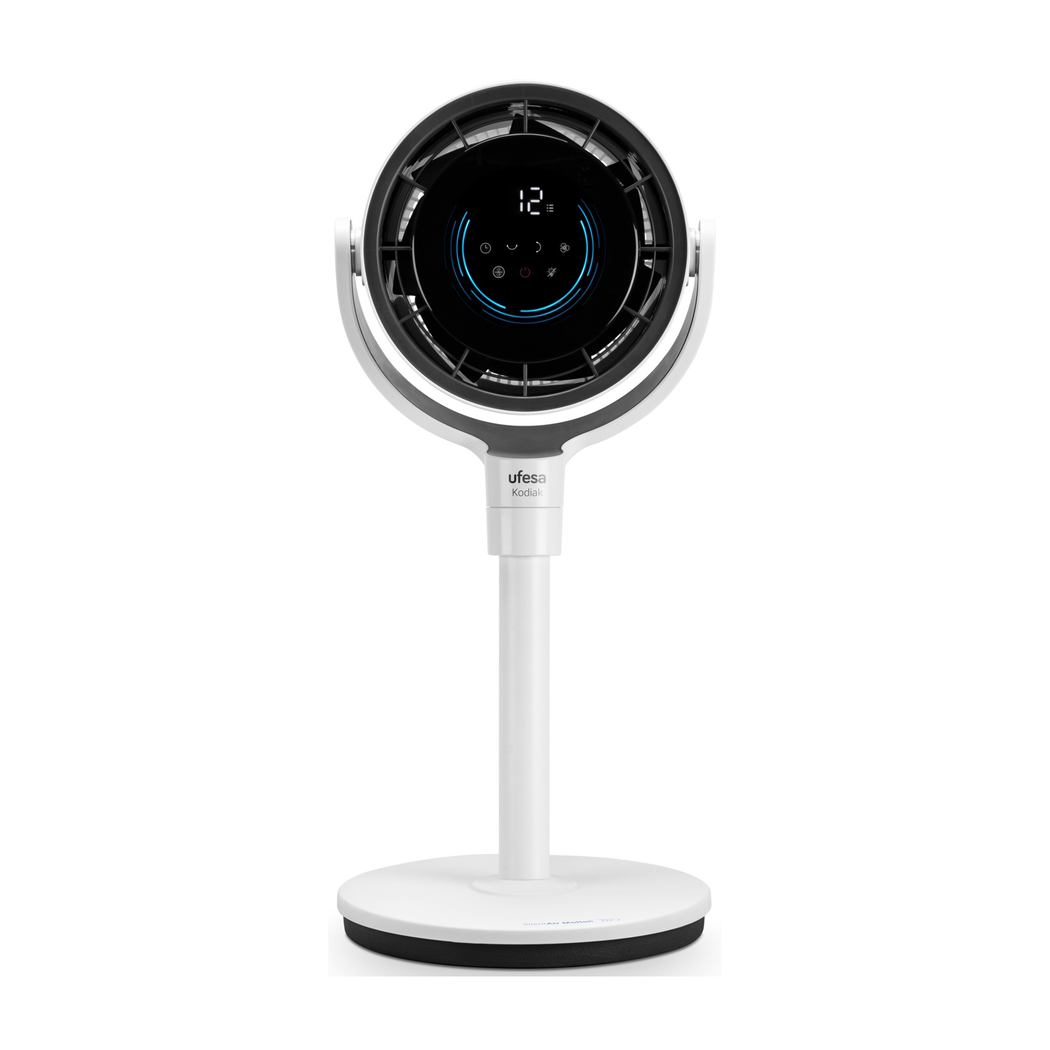 Un ventilatore da terra bianco con griglia nera e display digitale.