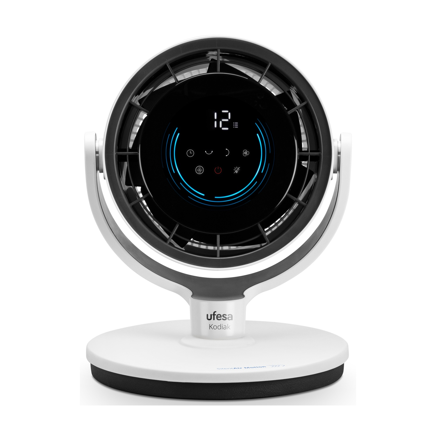 Un moderno ventilatore da tavolo bianco con griglia nera e display digitale.