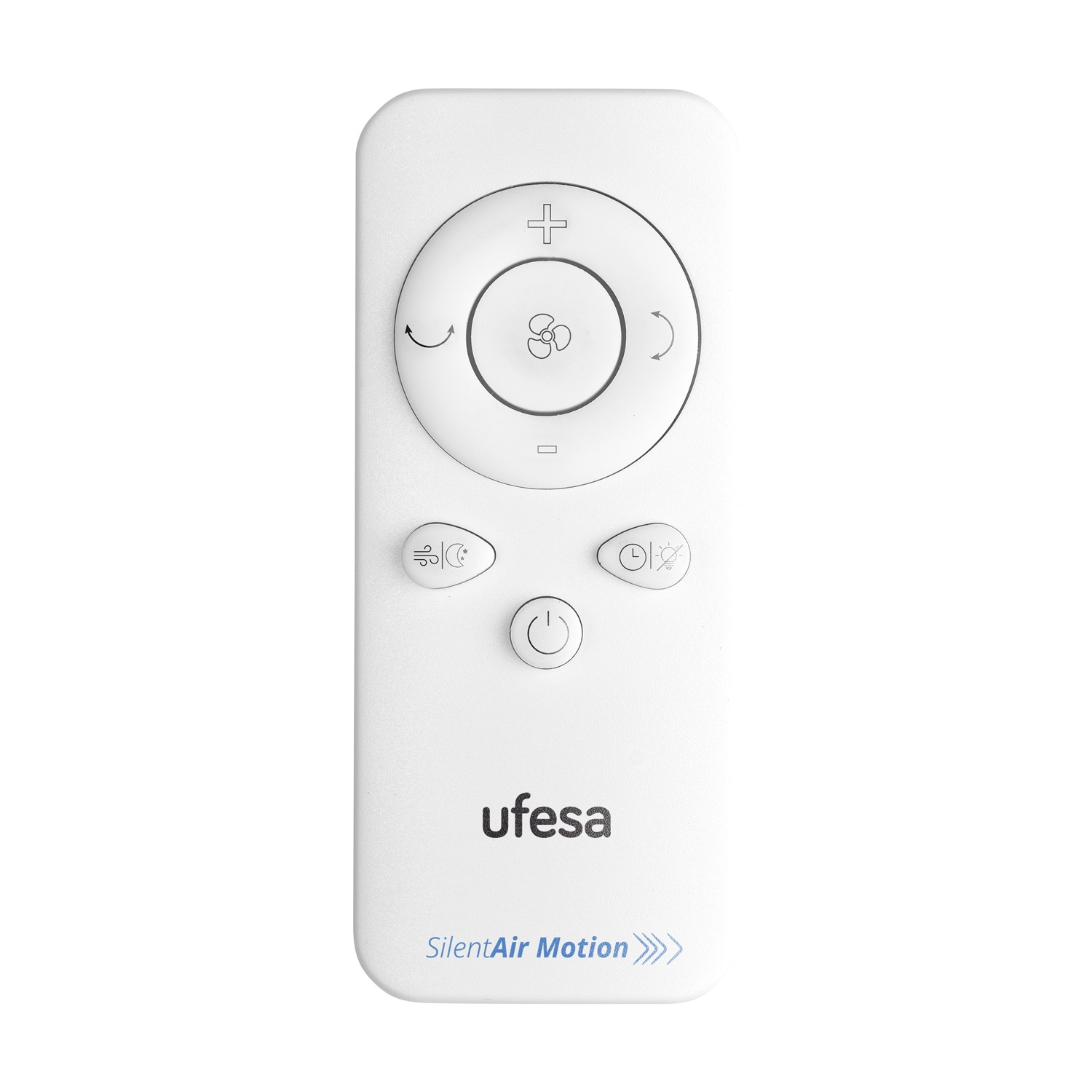 Un telecomando bianco con pulsanti per ventola, timer e accensione.