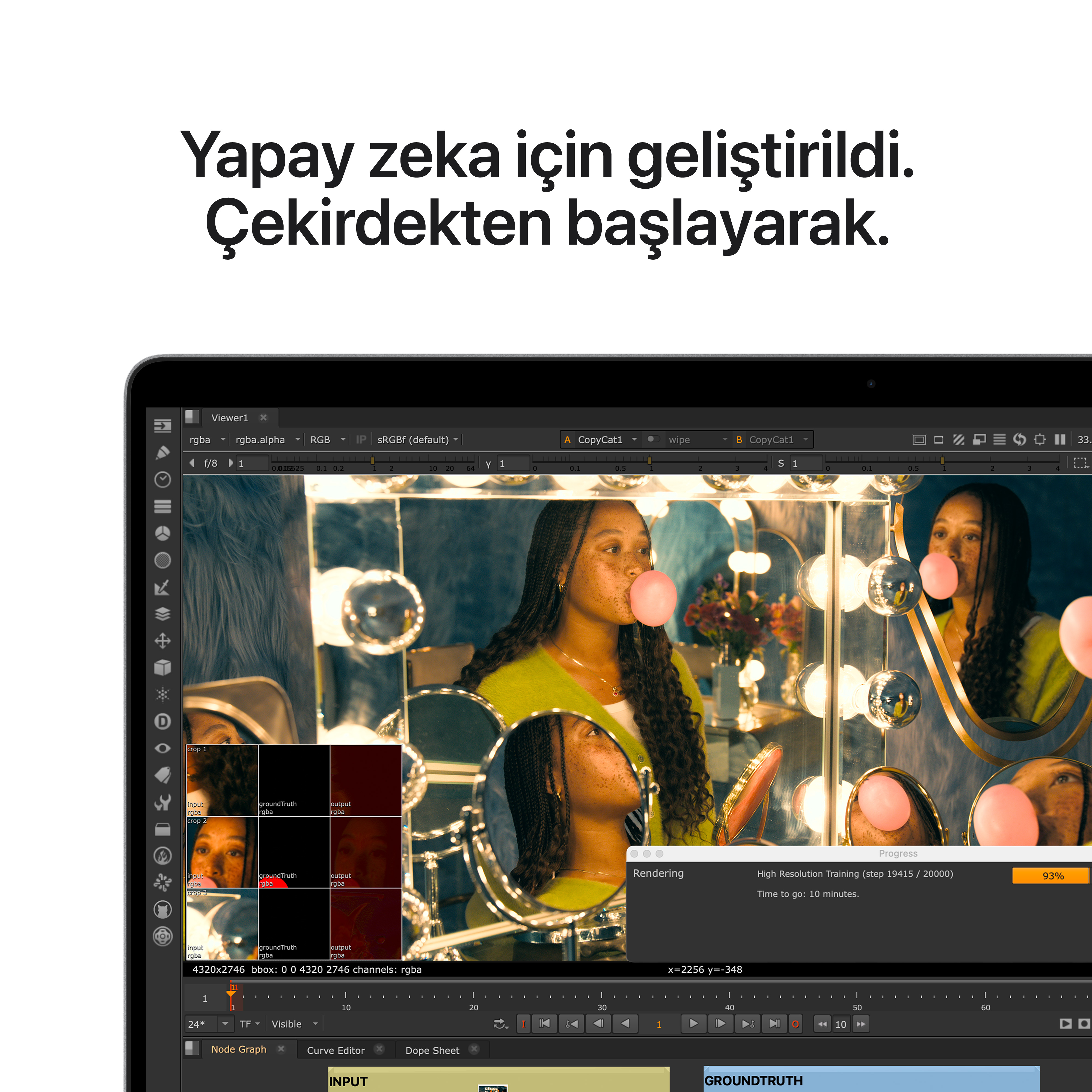 Çilli ciltli genç kadın, makyaj ışıklarıyla aydınlatılmış, sakız üflüyor.