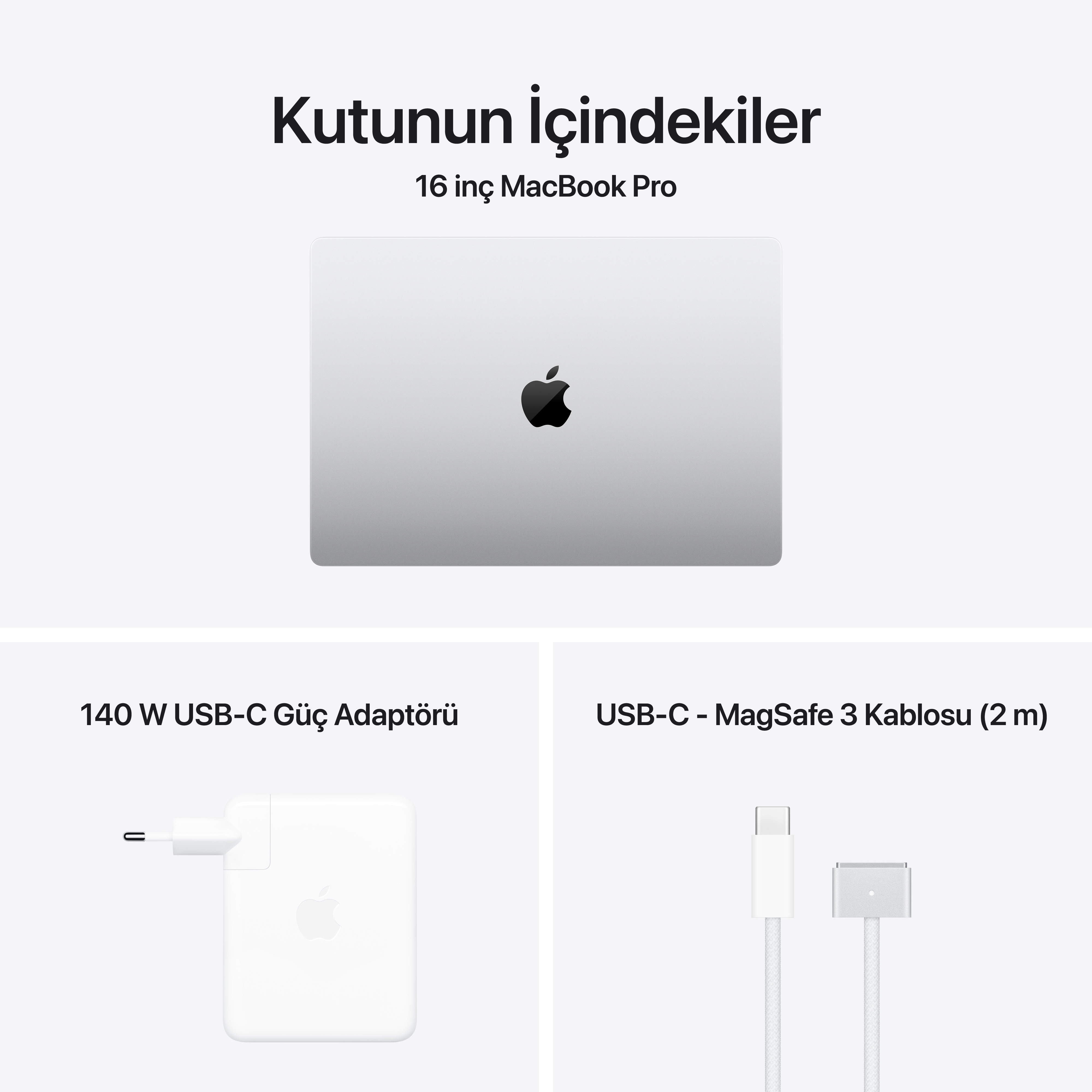 MacBook Pro, güç adaptörü ve MagSafe kablosu beyaz arka planda.