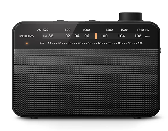 Czarno-białe radio Philips ze skalą AM/FM, kratką głośnika i pokrętłem.