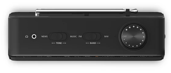 Czarno radio z wysuwaną anteną i pokrętłami głośności i wyboru stacji.