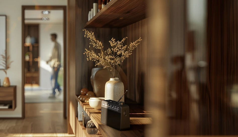 Mężczyzna przechodzi przez drzwi. Widoczna jest półka z dekoracjami.