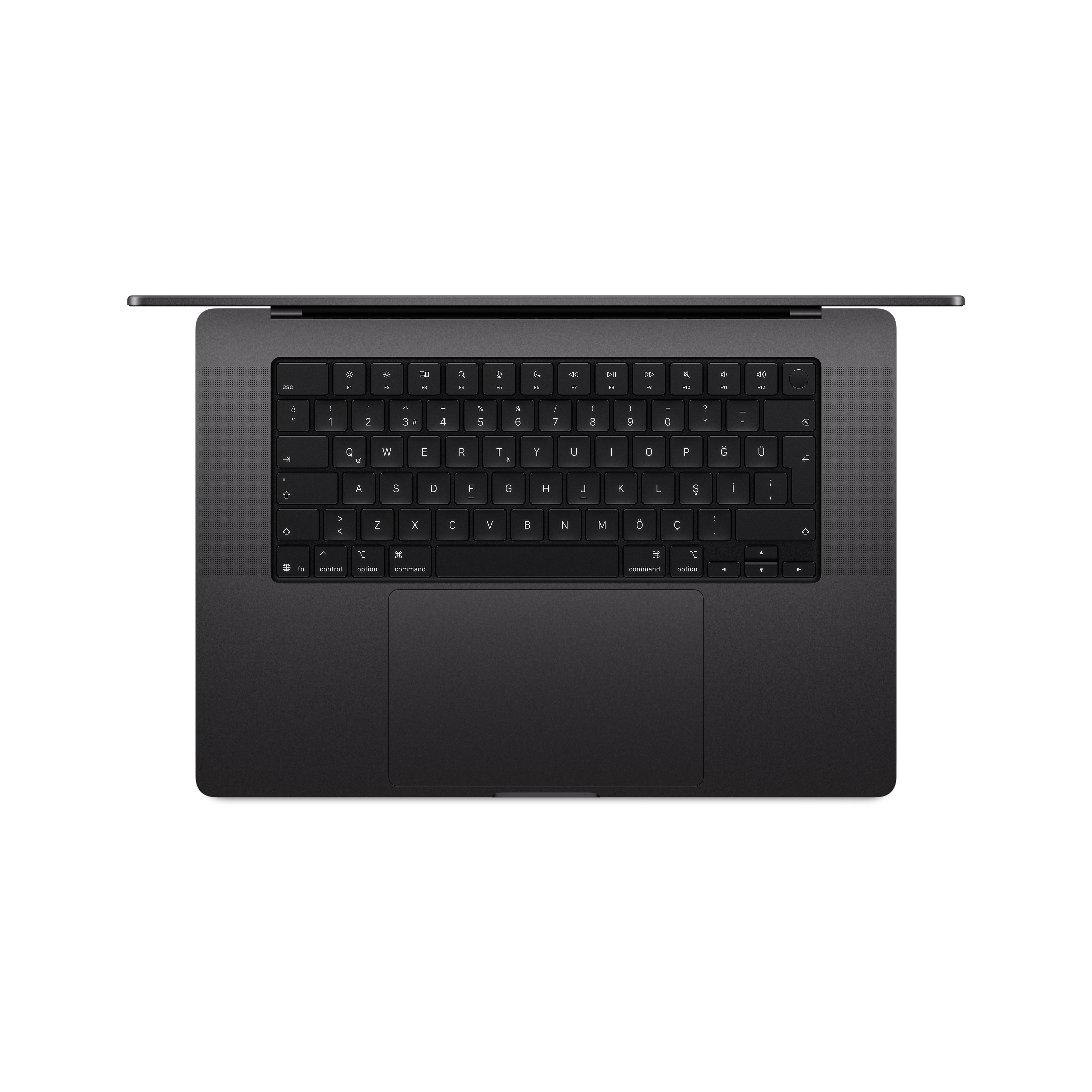 Klavye ve trackpad gösteren, ekranı açık koyu renkli bir dizüstü bilgisayar.