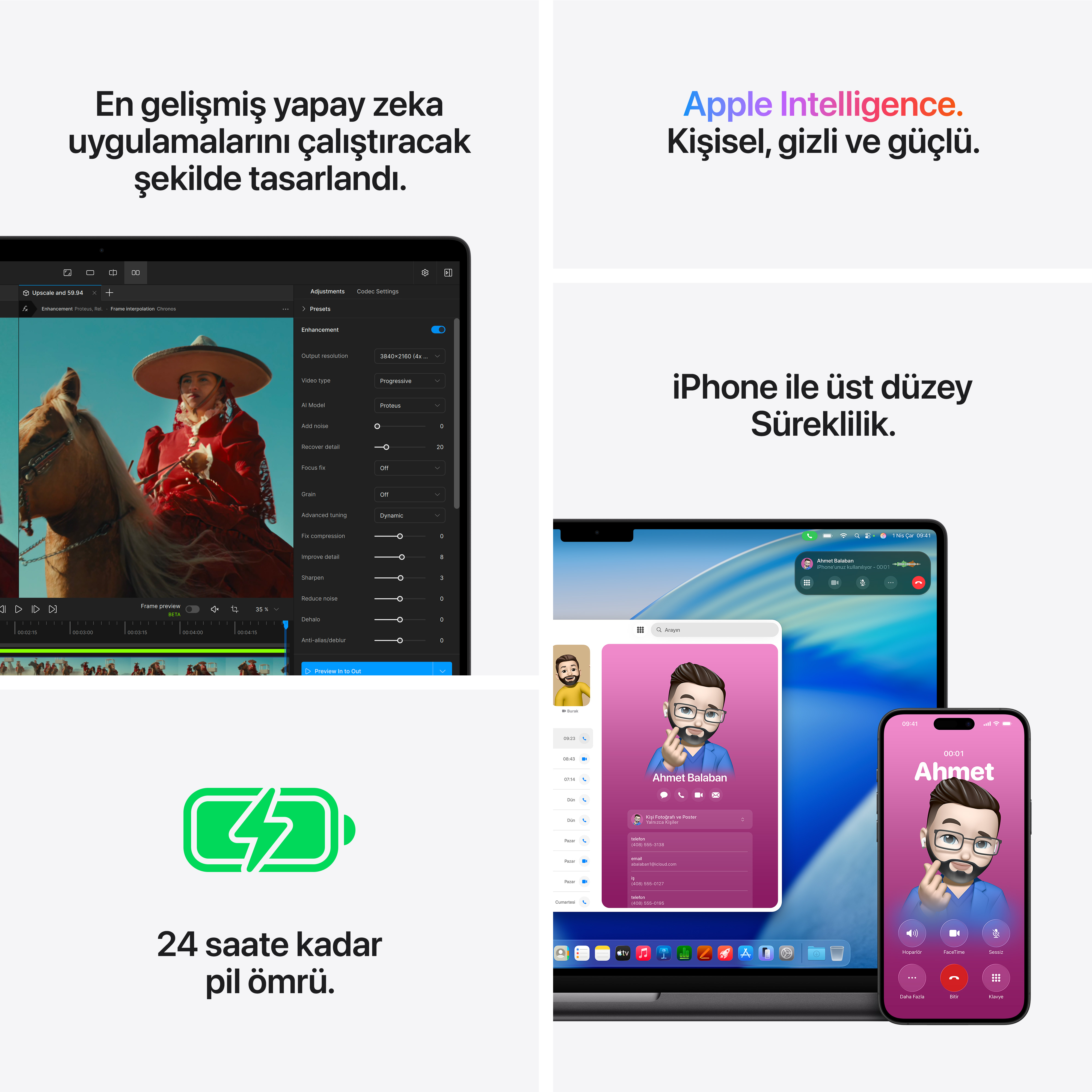 Yapay zeka düzenleme, video, iPhone ekranı ve pil simgesi gösteren ekranlar.