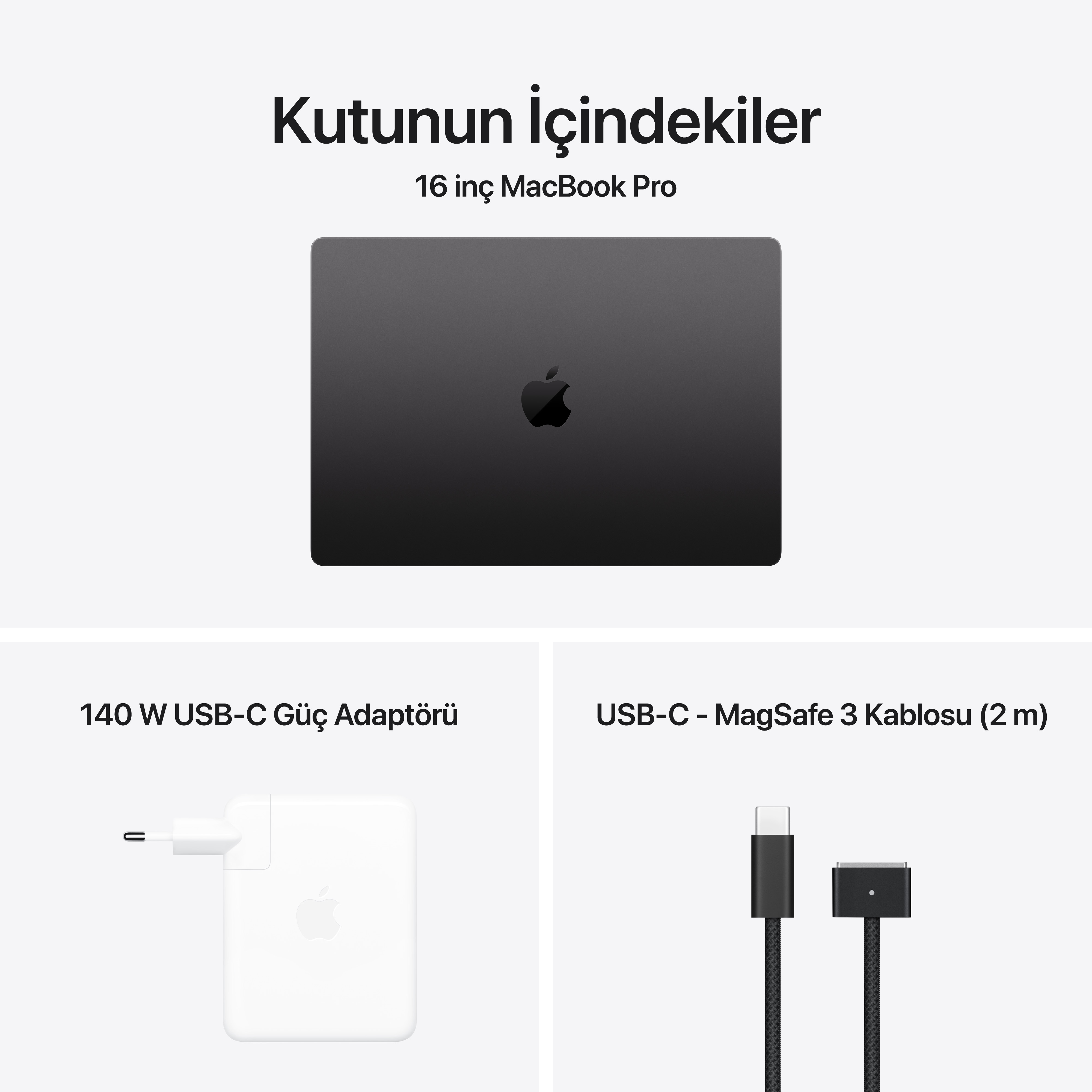 Aksesuarli MacBook Pro: güç adaptörü ve şarj kablosu.