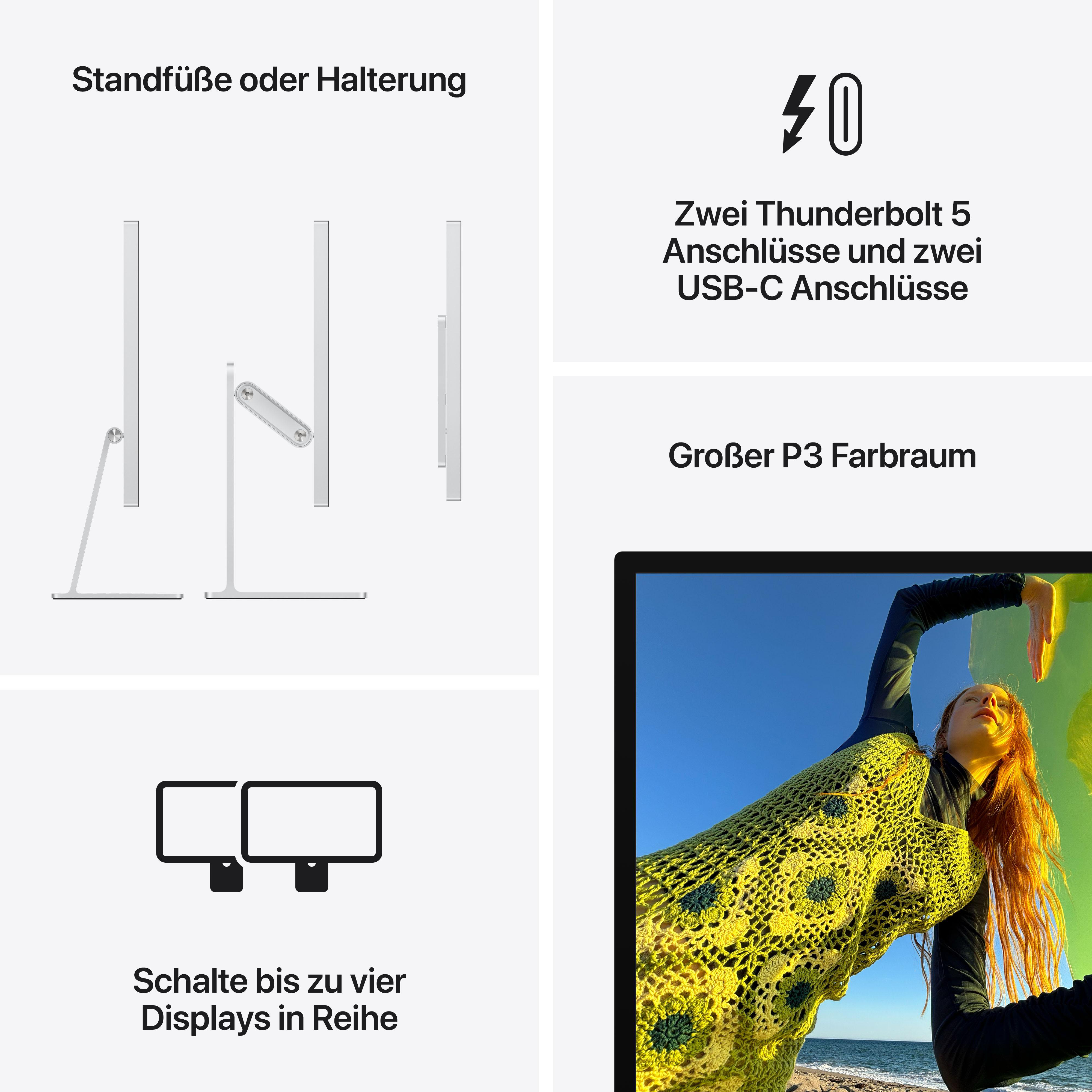 Ein Monitor mit Standfuß, Anschlüsse, P3 Farbraum und Frau am Strand.