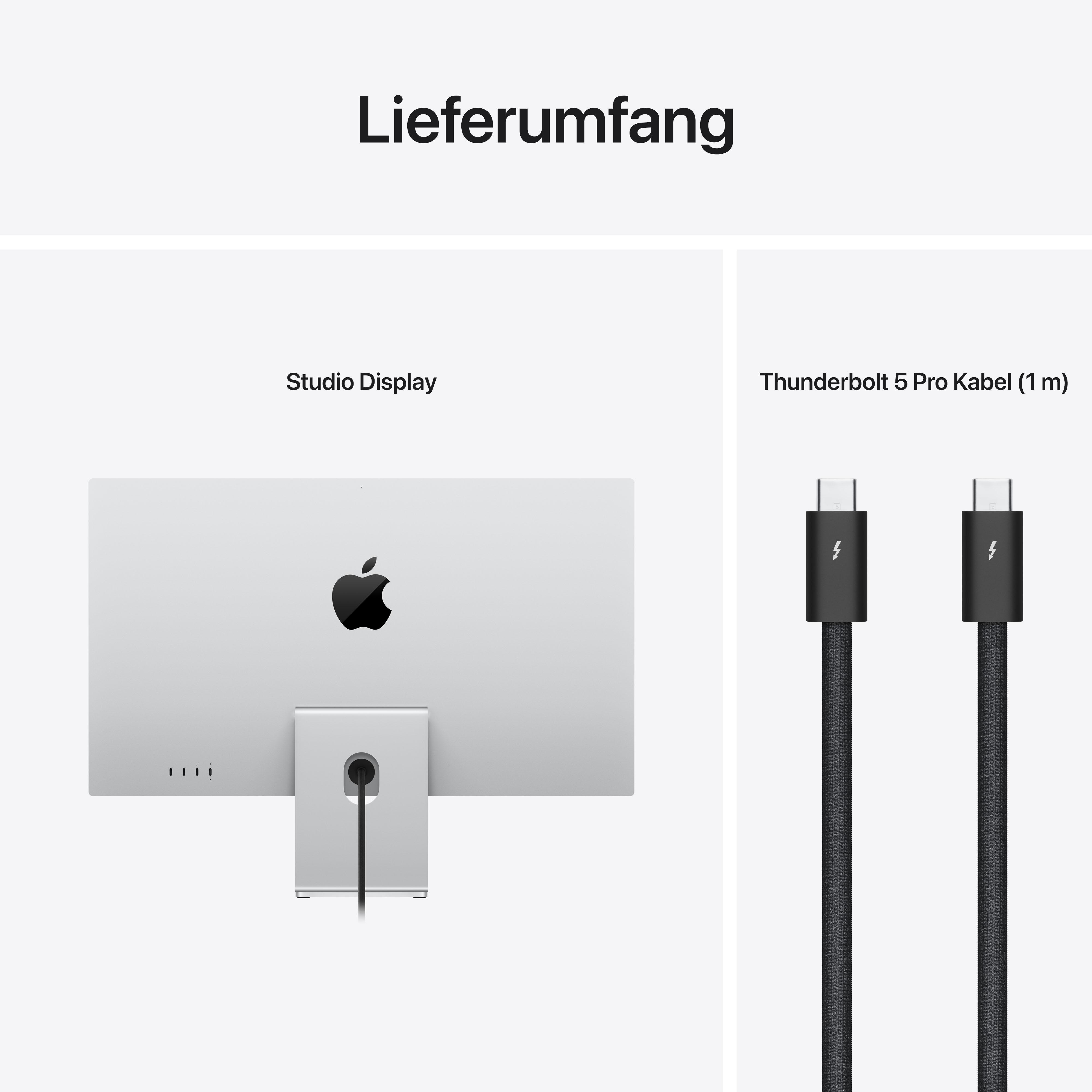 Studio Display mit Apple Logo und Thunderbolt Kabel.