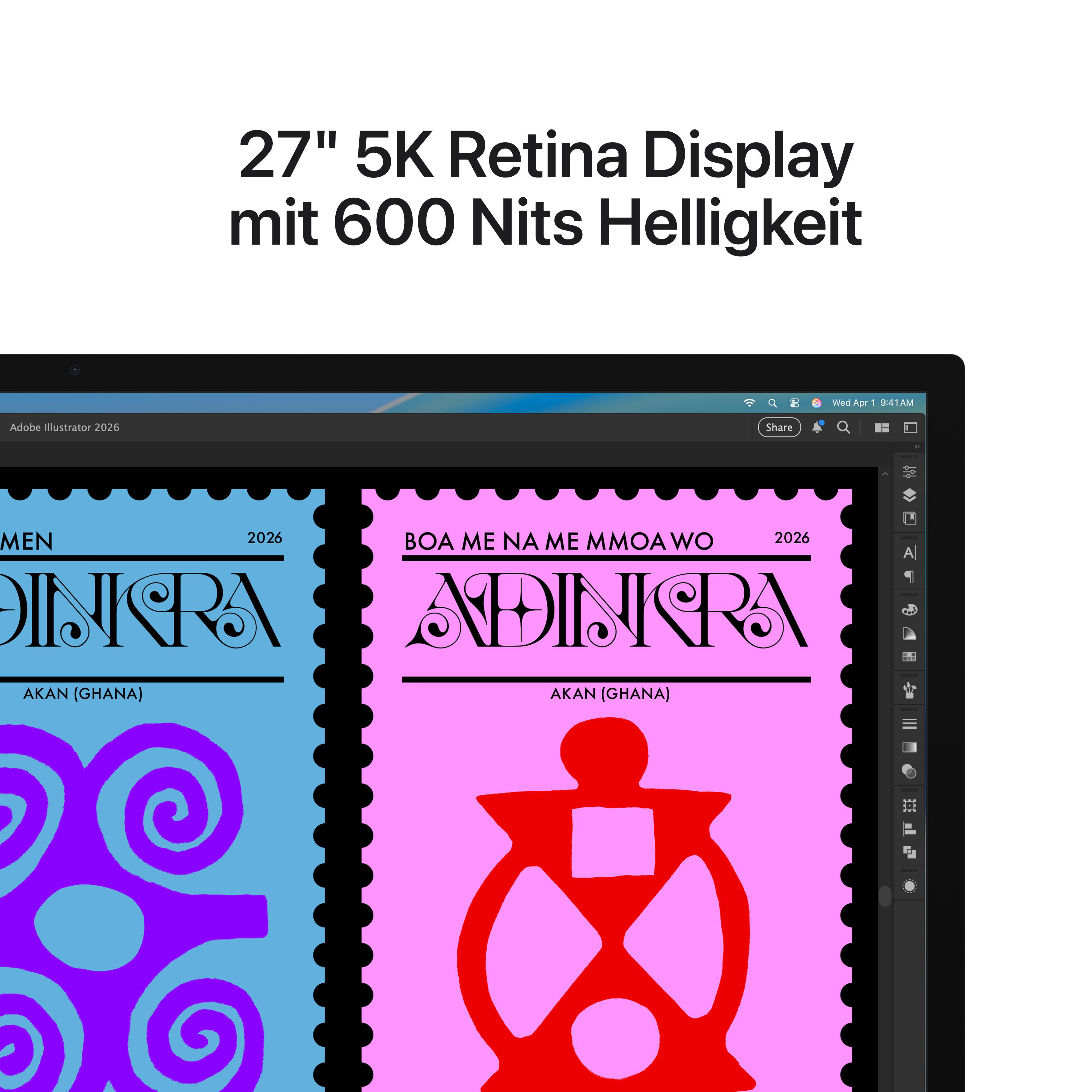Ein 27-Zoll-Display mit 5K Retina und 600 Nits Helligkeit zeigt zwei Briefmarken.