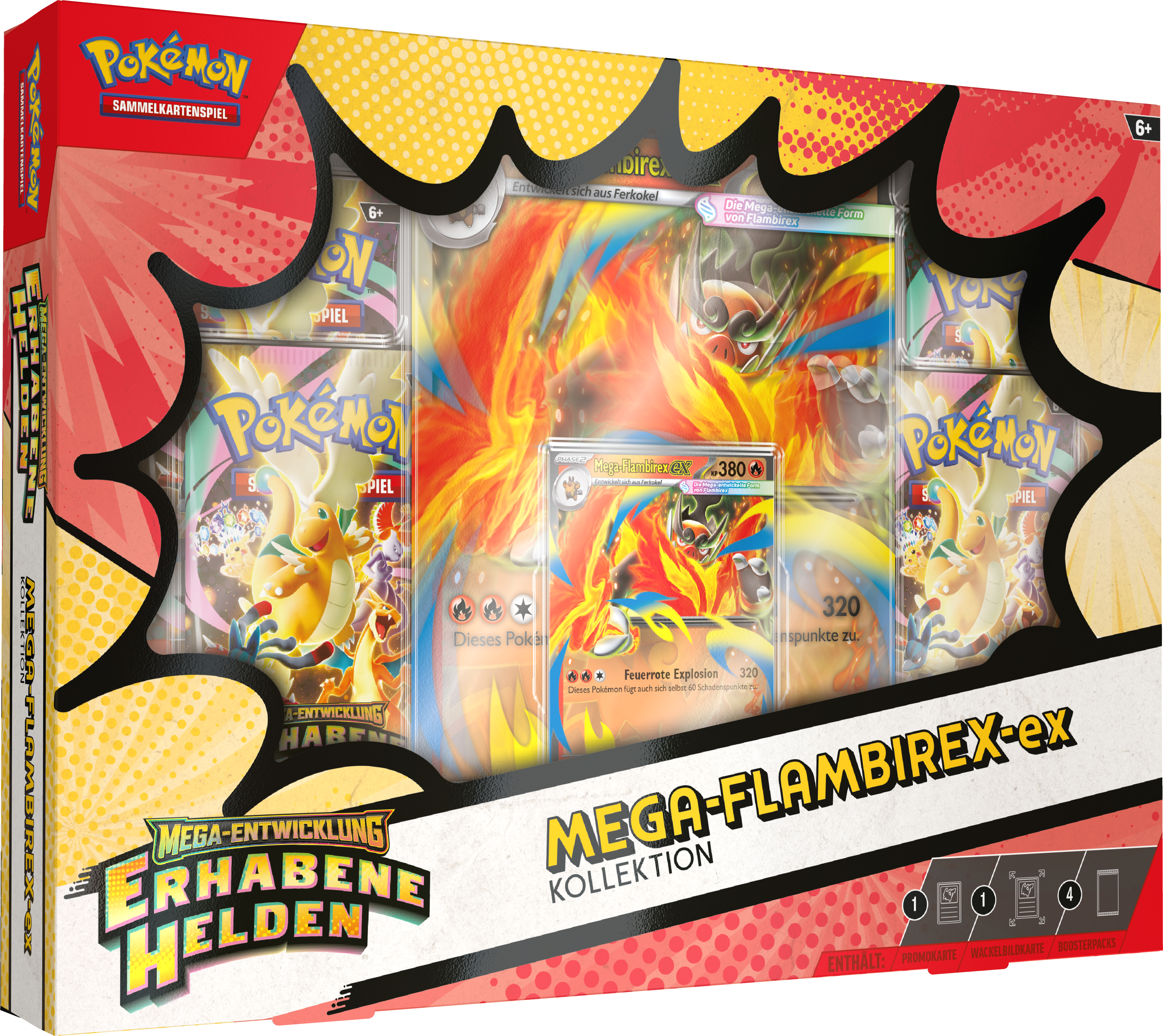 Pokémon Mega-Flambirex-EX Kollektion mit Sammelkarten und Promokarten.