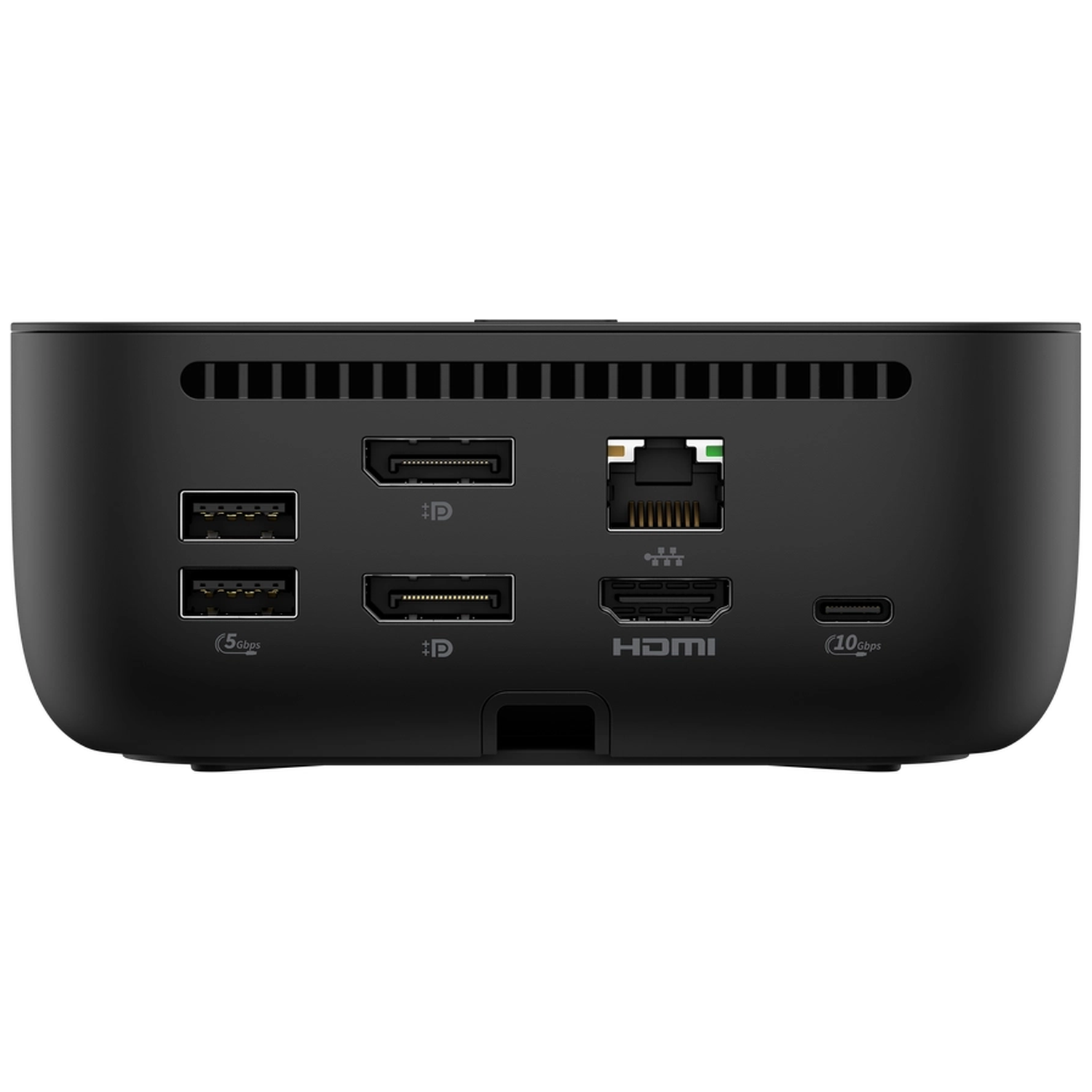 Black device with ports: 2x USB-A, 2x DP, Ethernet, HDMI, USB-C.