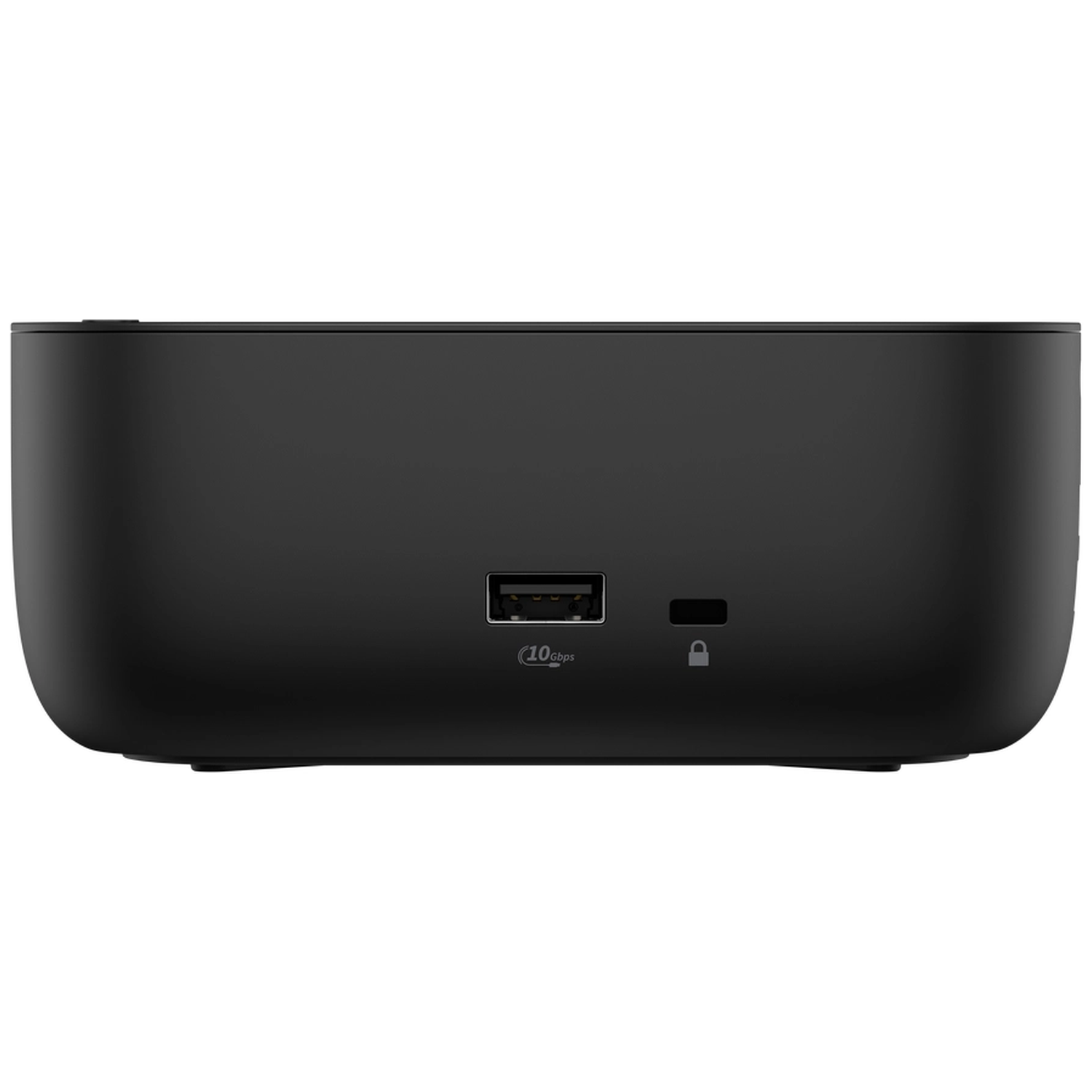 Black device with a USB port and a security icon.