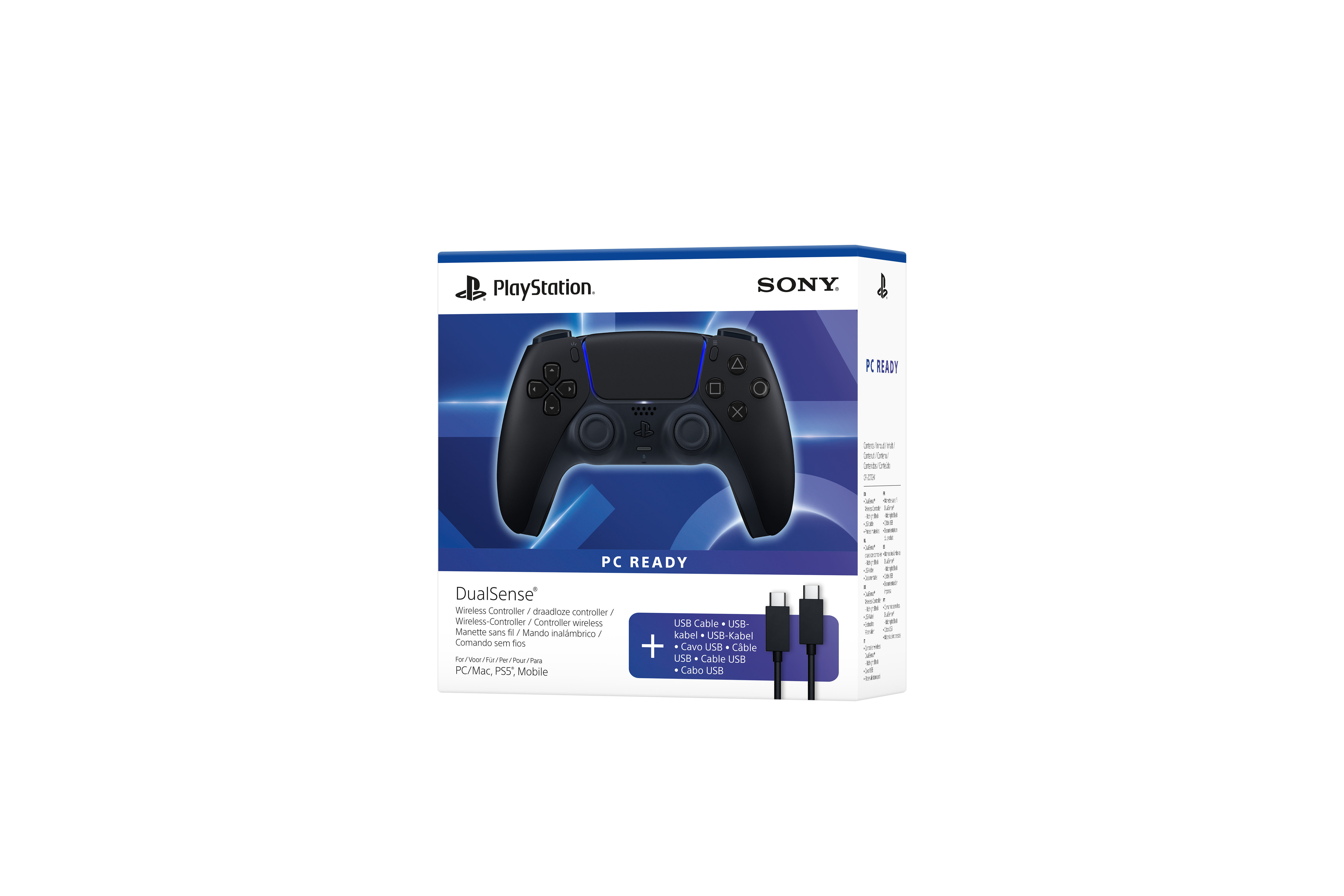 Verpackung eines schwarzen DualSense PS5 Controllers mit USB-Kabel für PC.