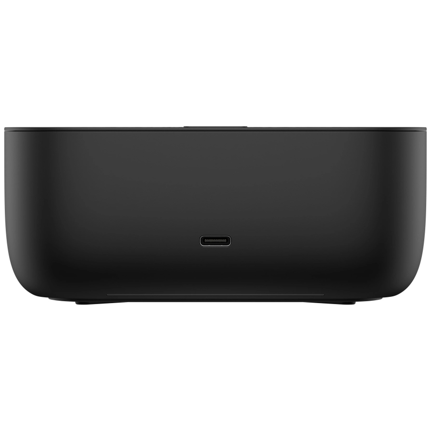 Zwart rechthoekig apparaat met afgeronde hoeken en een USB-C-poort.