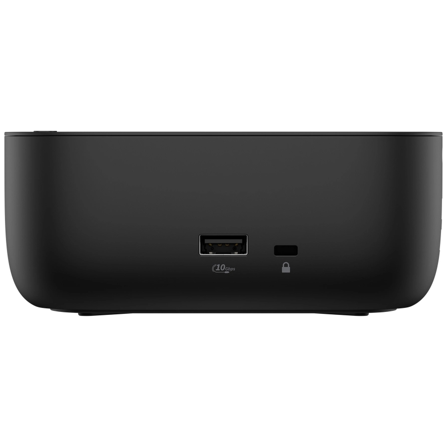Zwart techapparaat met USB-poort en een slot-icoon.