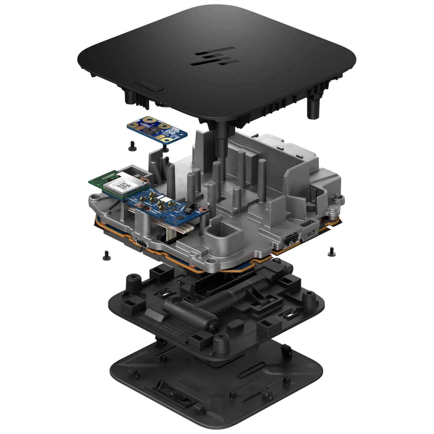 Exploded view van een zwarte computer met printplaten en kabels.