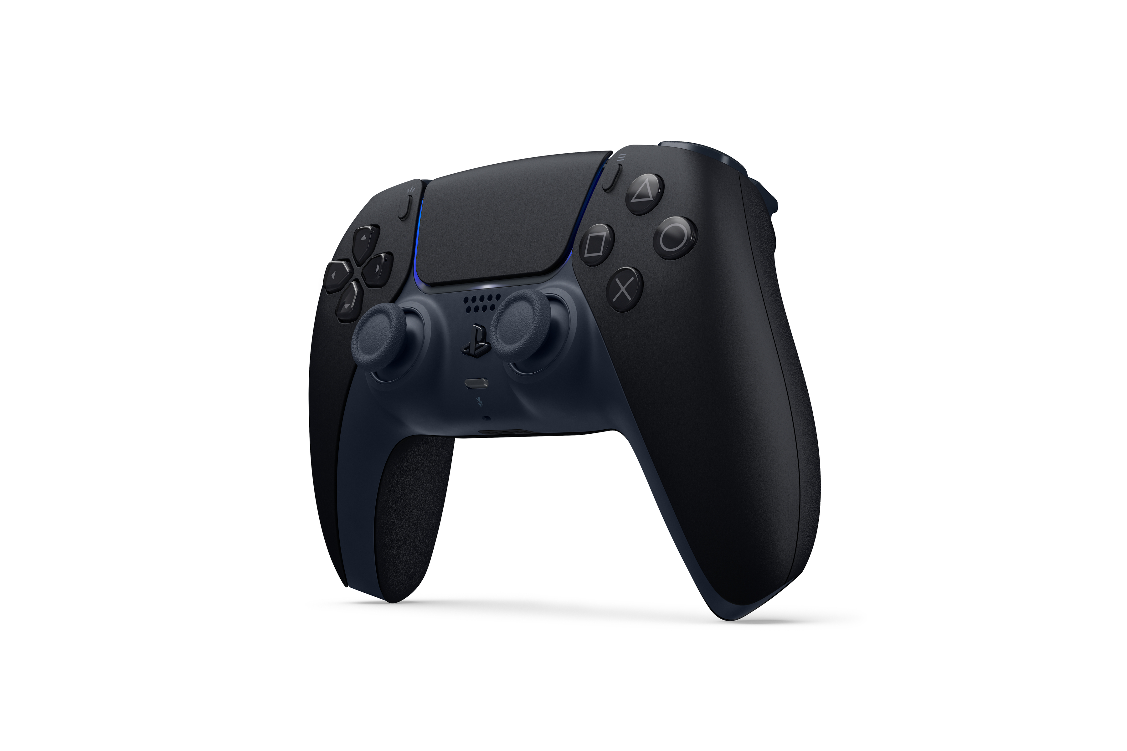 Schwarzer Controller mit blauen Akzenten auf weißem Hintergrund.