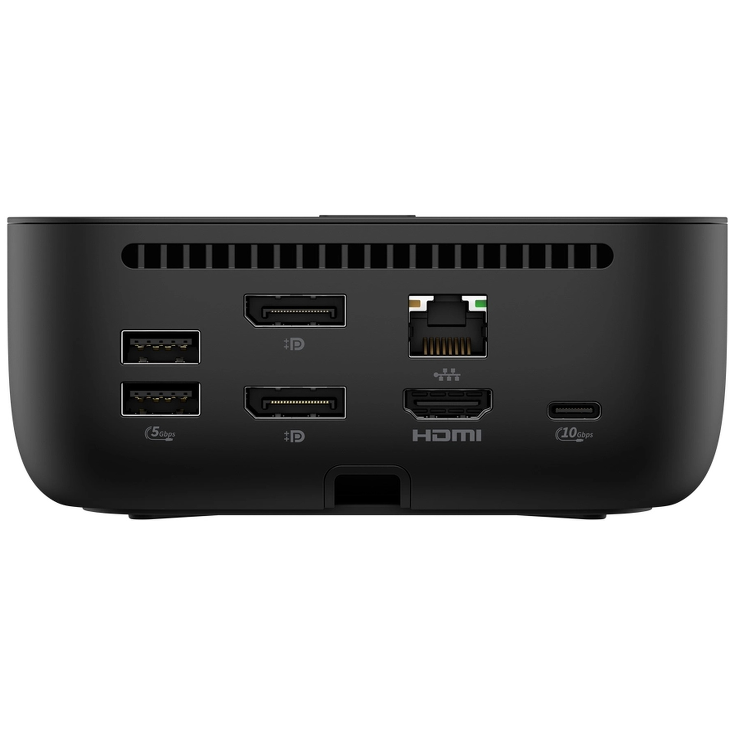 Achterkant van een zwarte mini-pc met poorten: USB, DisplayPort, Ethernet, HDMI en USB-C.