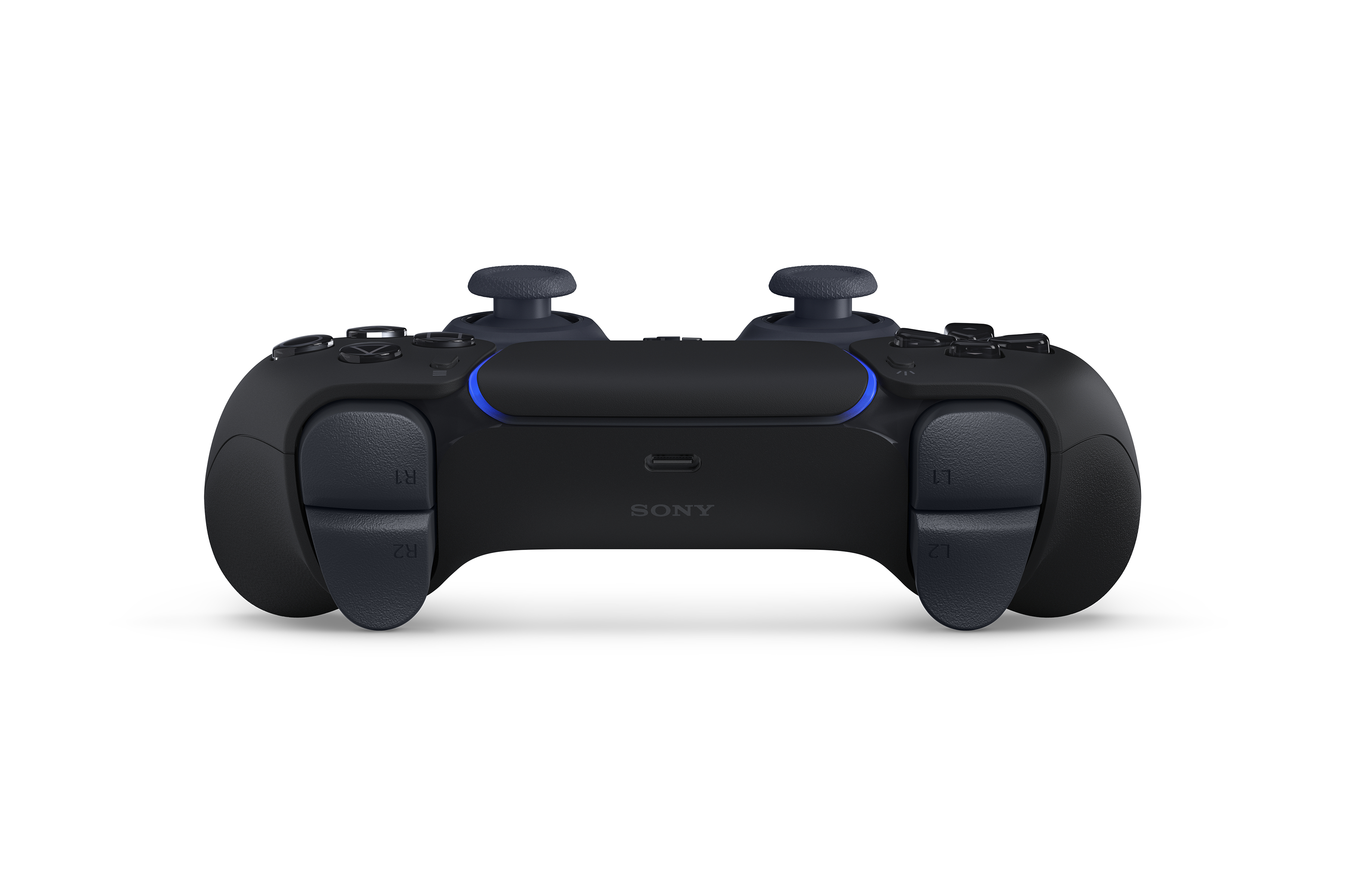 Schwarzer Gaming-Controller mit blauen Akzenten und Sony-Logo.
