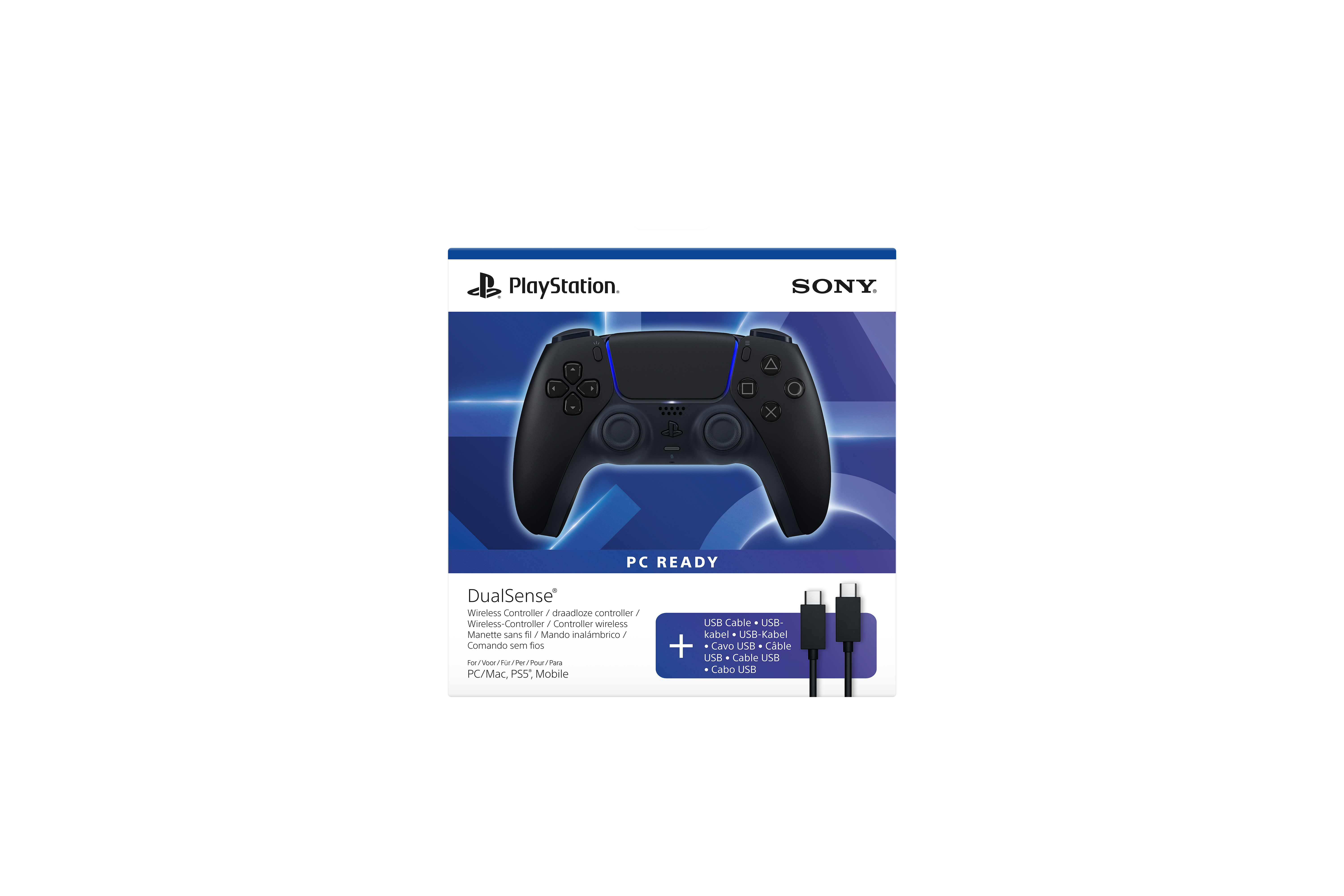Schwarzer PlayStation DualSense Controller mit zwei USB-C-Kabeln.