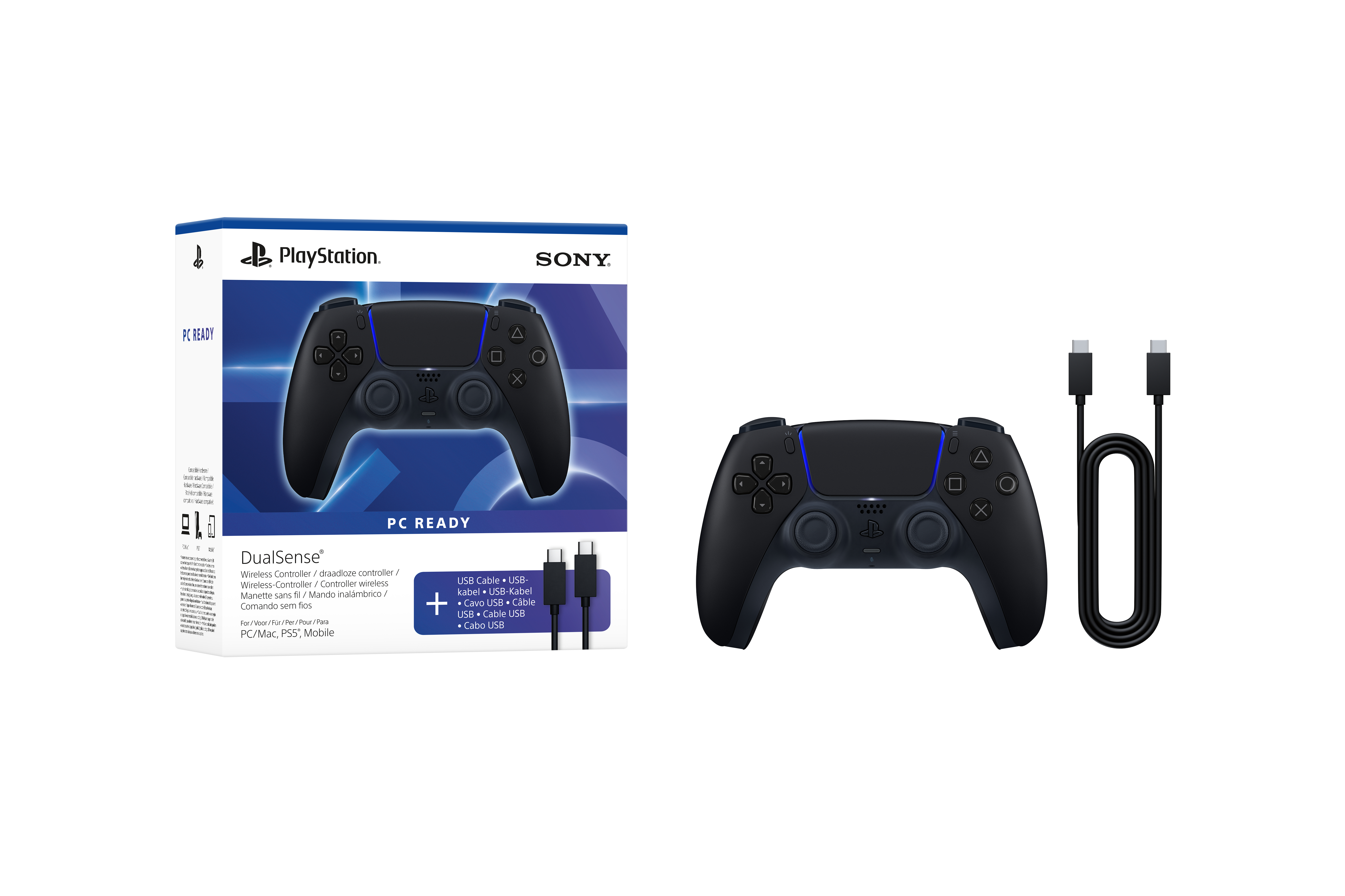 Schwarzer PlayStation DualSense Controller mit USB-Kabel und Verpackung.