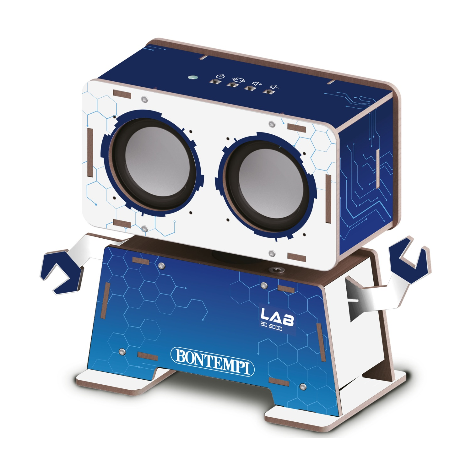 Un altoparlante a forma di robot con doppio driver e motivi di circuiti blu.