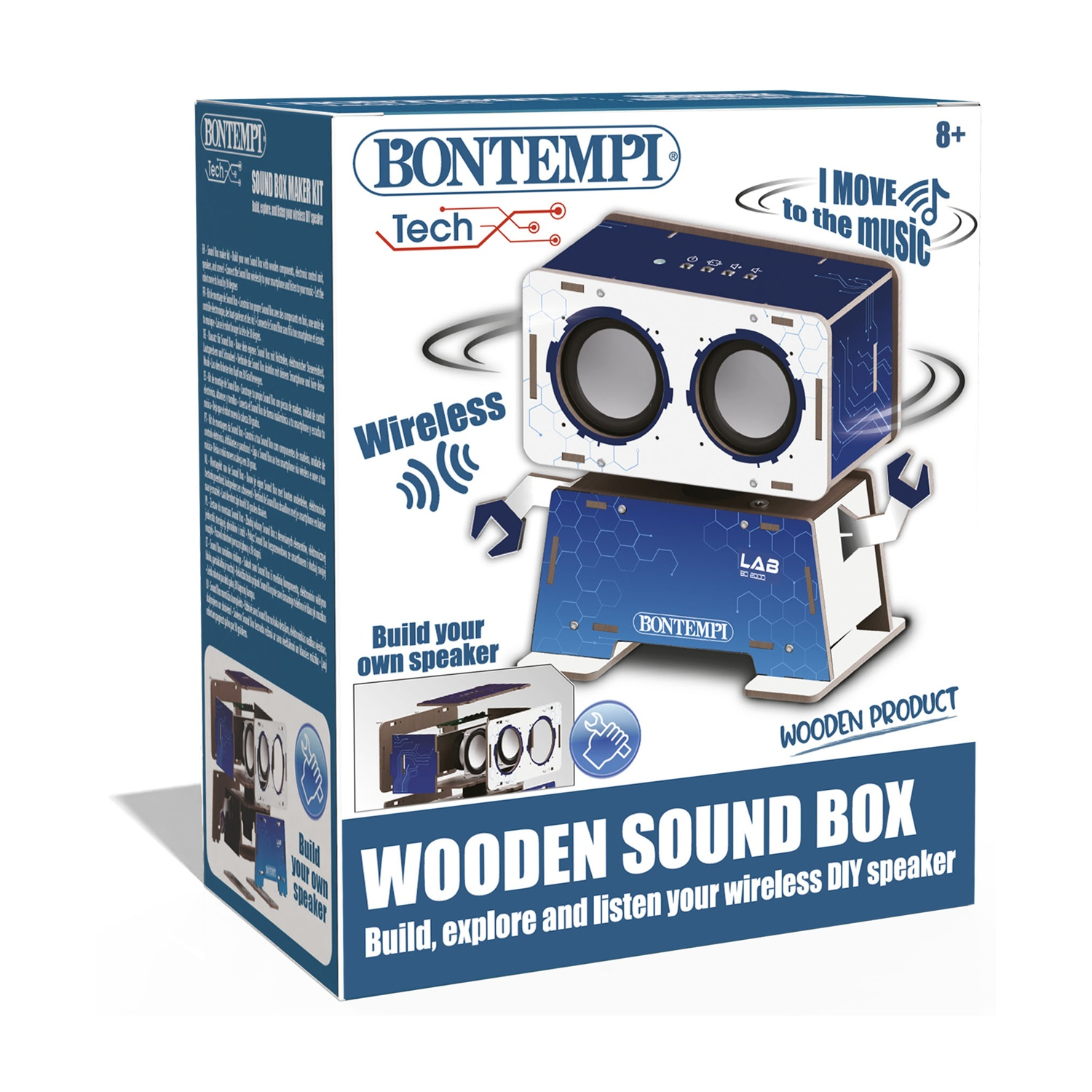 Kit scatola audio in legno Bontempi con altoparlanti e simbolo wireless.