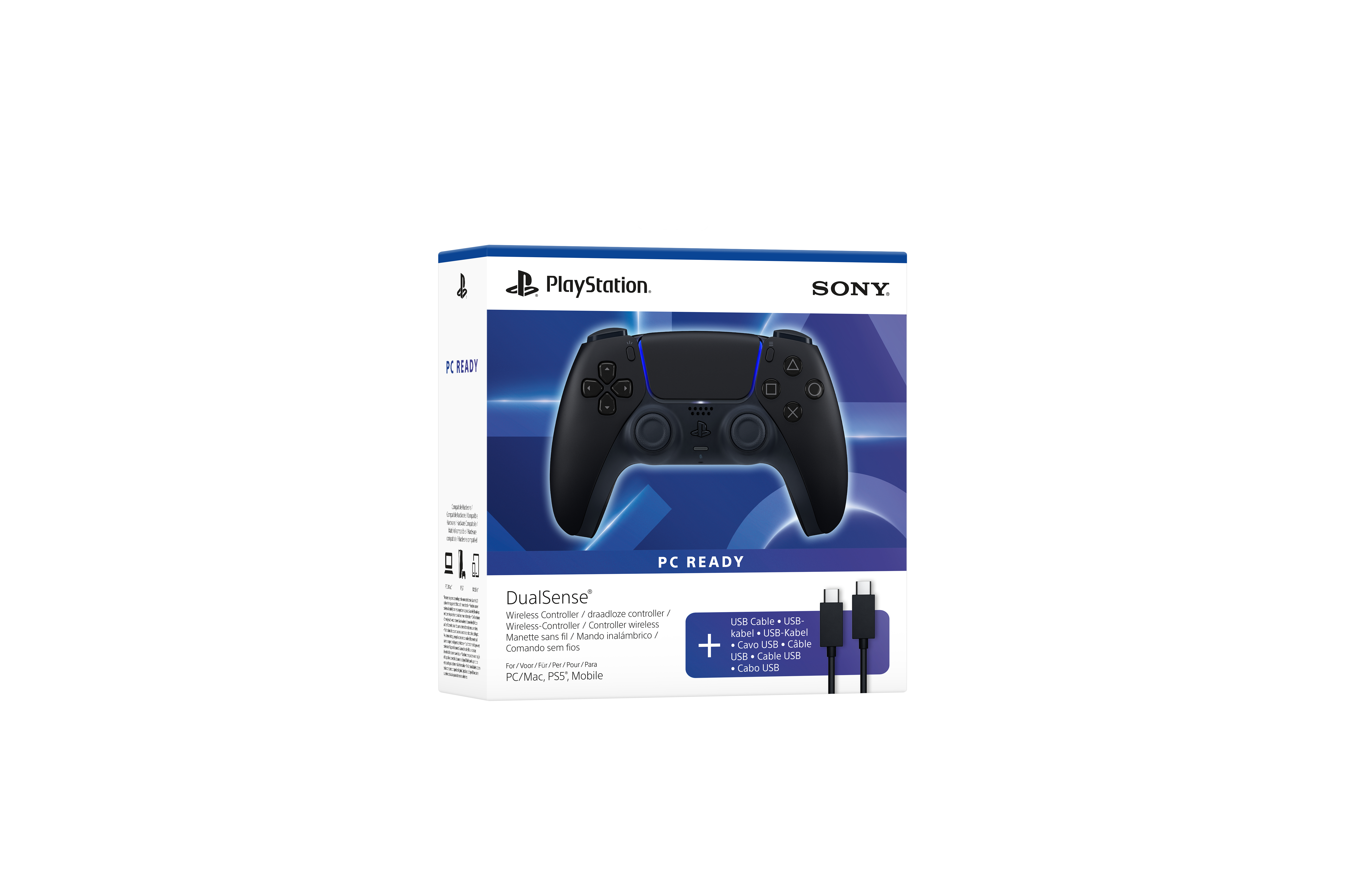 Sony DualSense PC-Controller-Verpackung mit Controller und Kabeln.