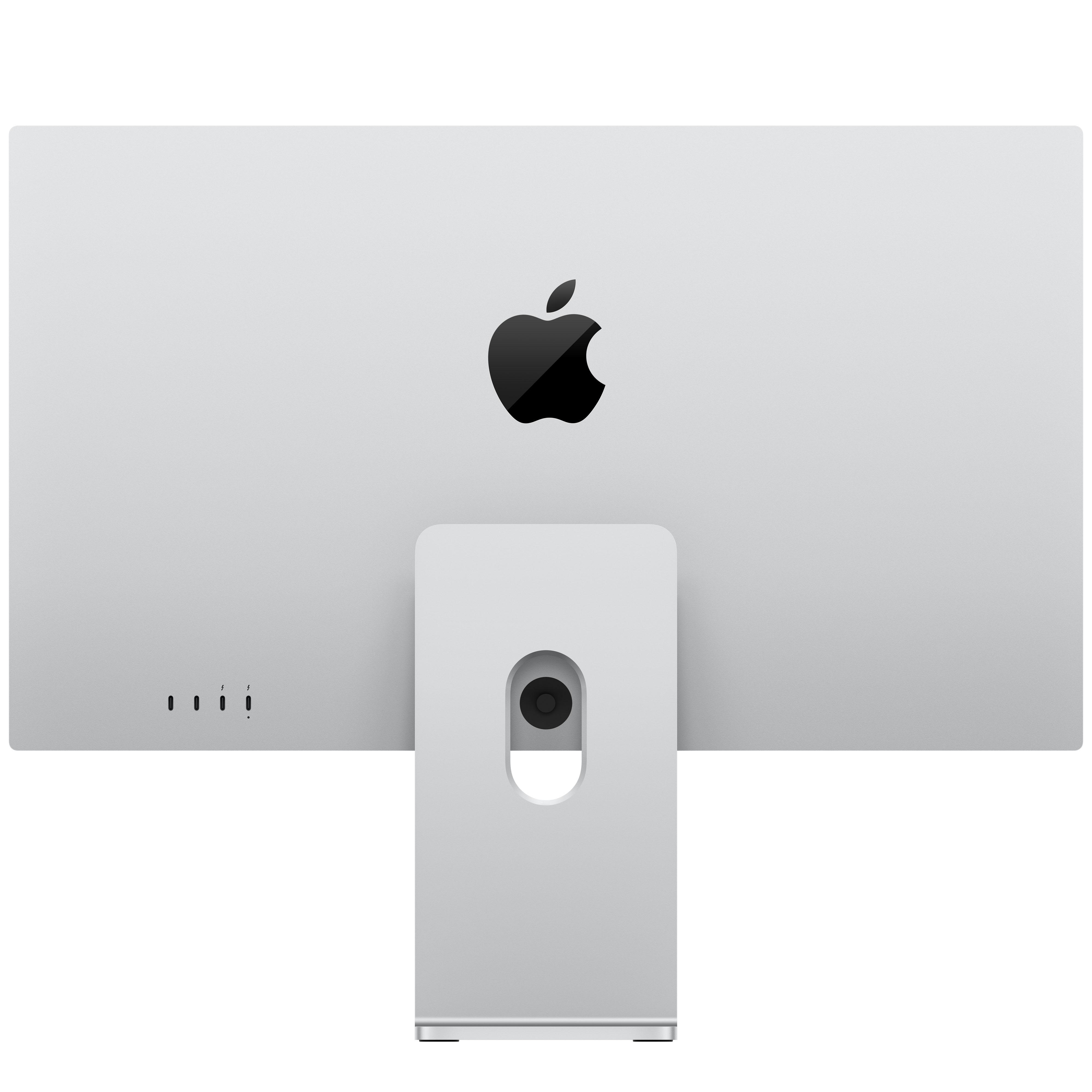 Silberner Apple iMac mit schwarzem Logo und Ständer.