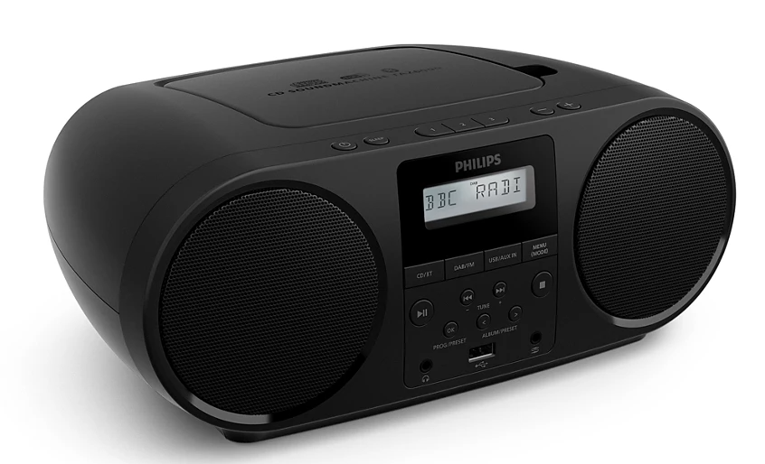 Czarna wieża Philips z odtwarzaczem CD, radiem i portem USB.