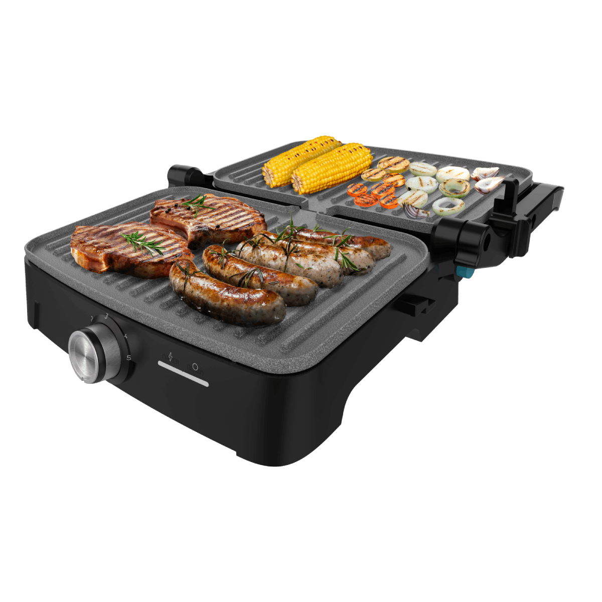 Una parrilla eléctrica con carne, salchichas y mazorcas de maíz.