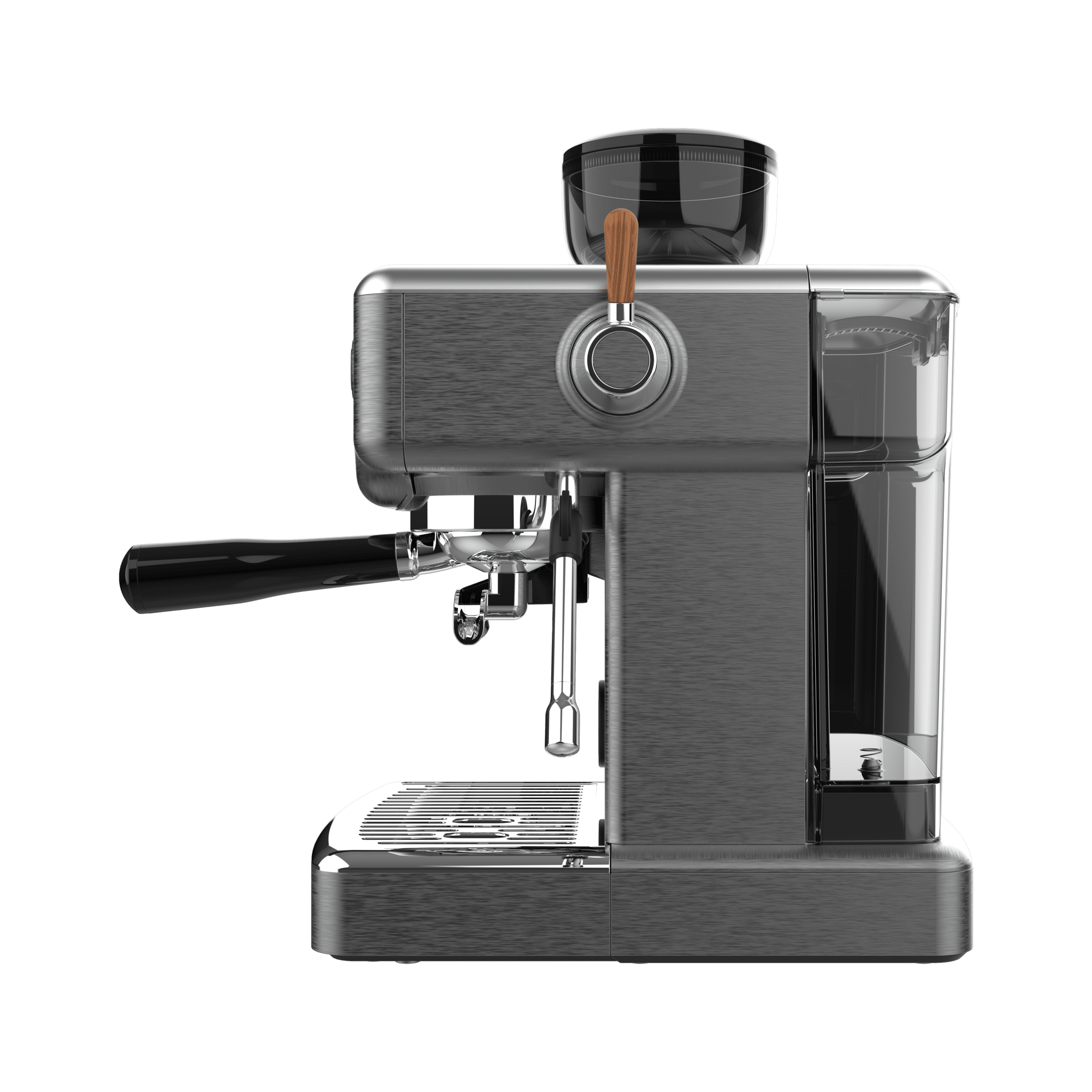 Una máquina de espresso plateada con mango negro y depósito de agua de cristal.