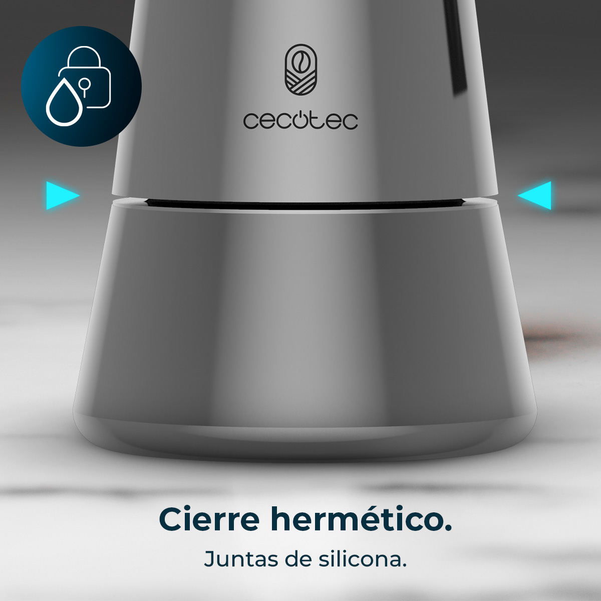 Primer plano de cafetera plateada con icono de sello y flechas. Texto: Cierre hermético.