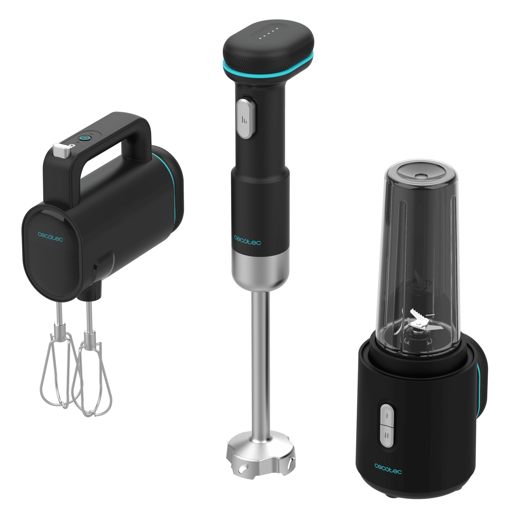 Tres electrodomésticos negros: batidora de mano, batidora de inmersión y vaso.