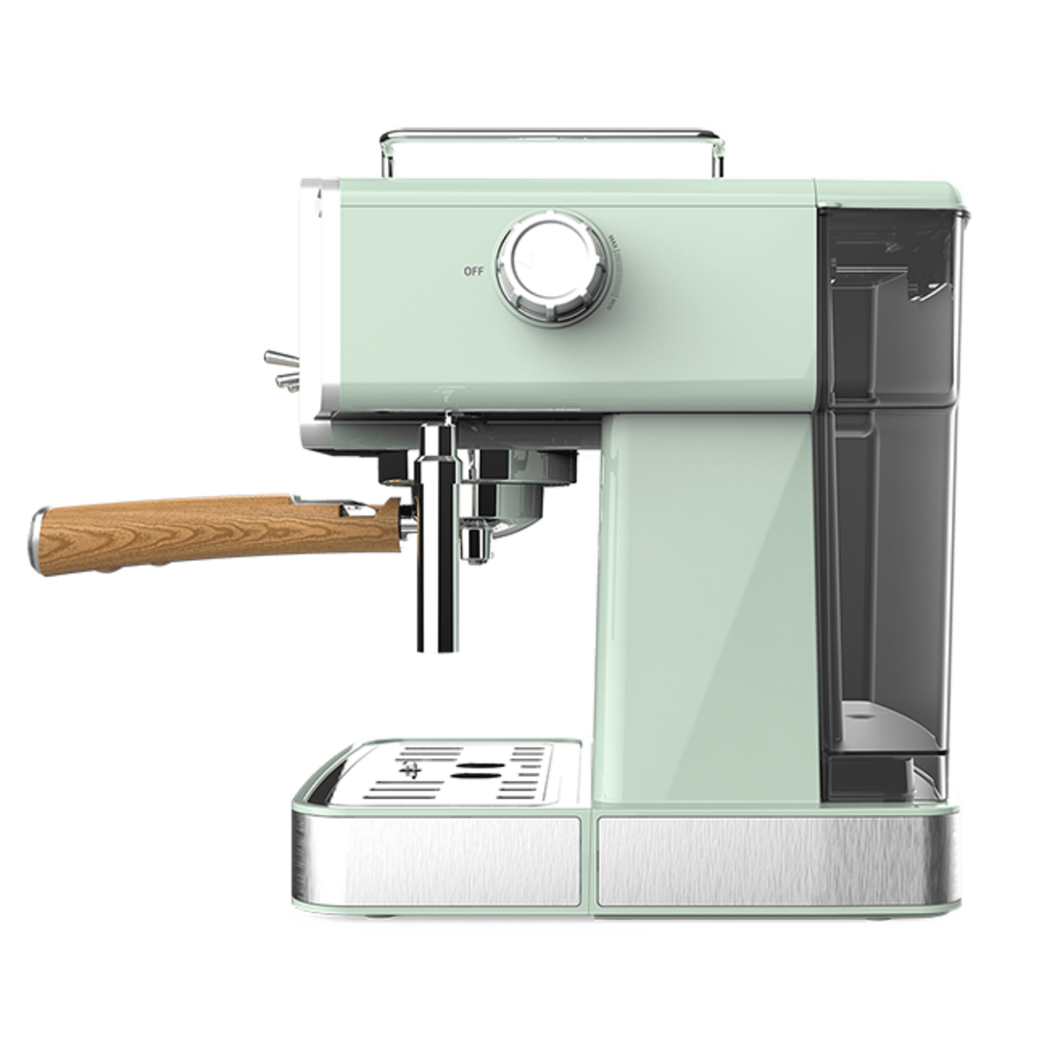 Una máquina de espresso verde claro con mango de madera y detalles cromados.