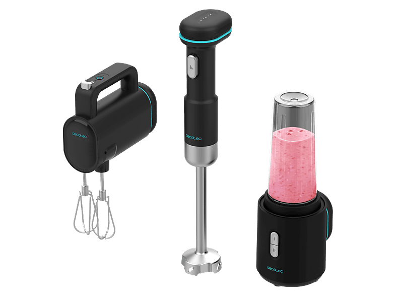 Batidora de mano - Cecotec BlendGo Pack, 3 en 1, Con batería recargable, Carga rápida tipo C, Accesorios incluidos, Negro