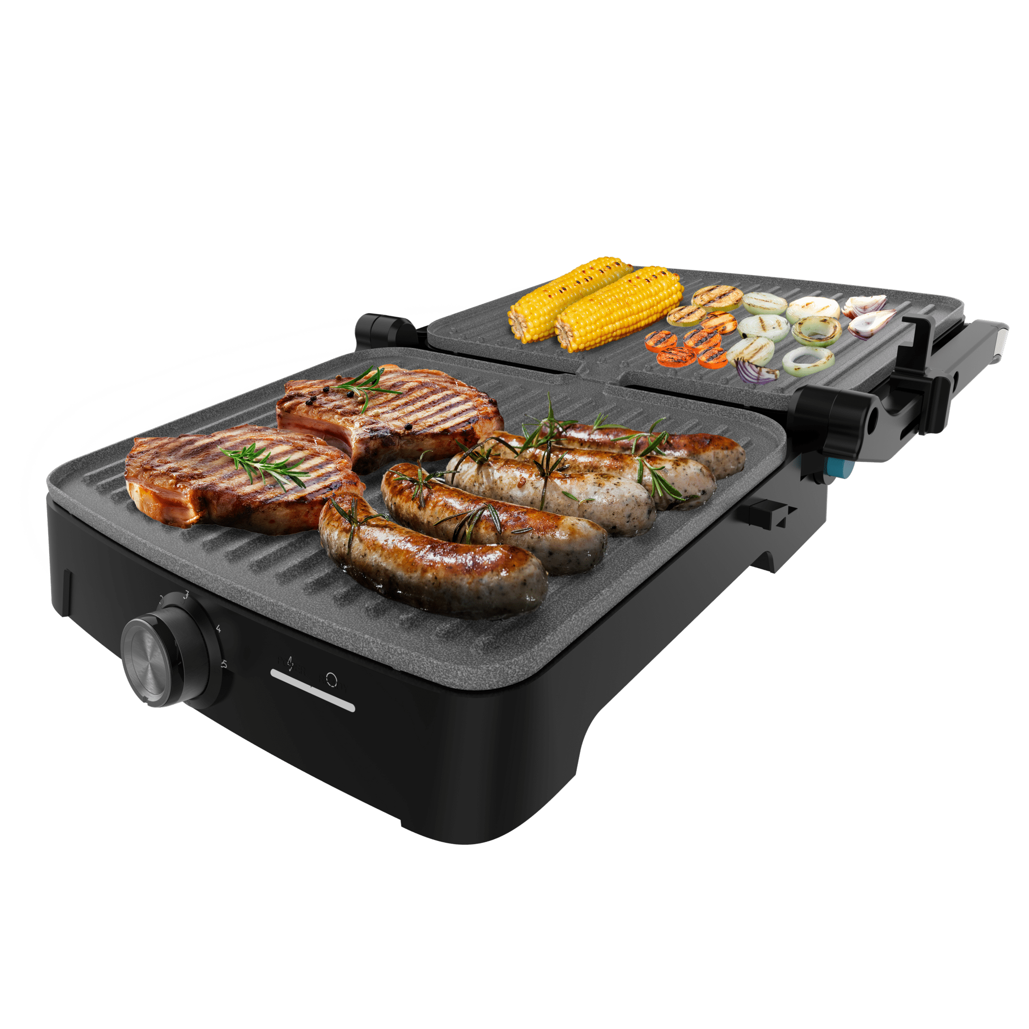 Una parrilla eléctrica con filetes, salchichas, mazorcas de maíz y aros de cebolla.