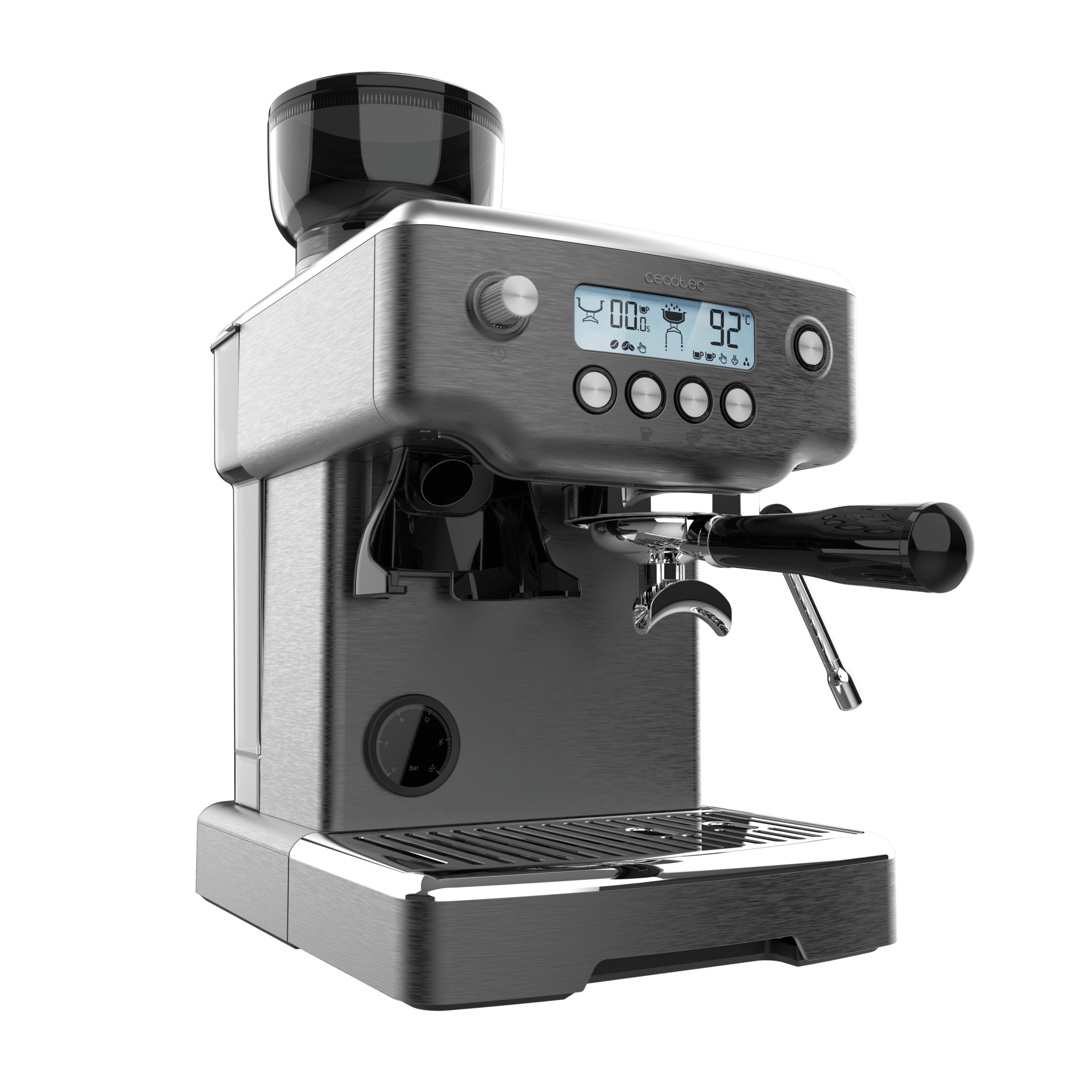 Una máquina de espresso plateada con molinillo y pantalla digital.