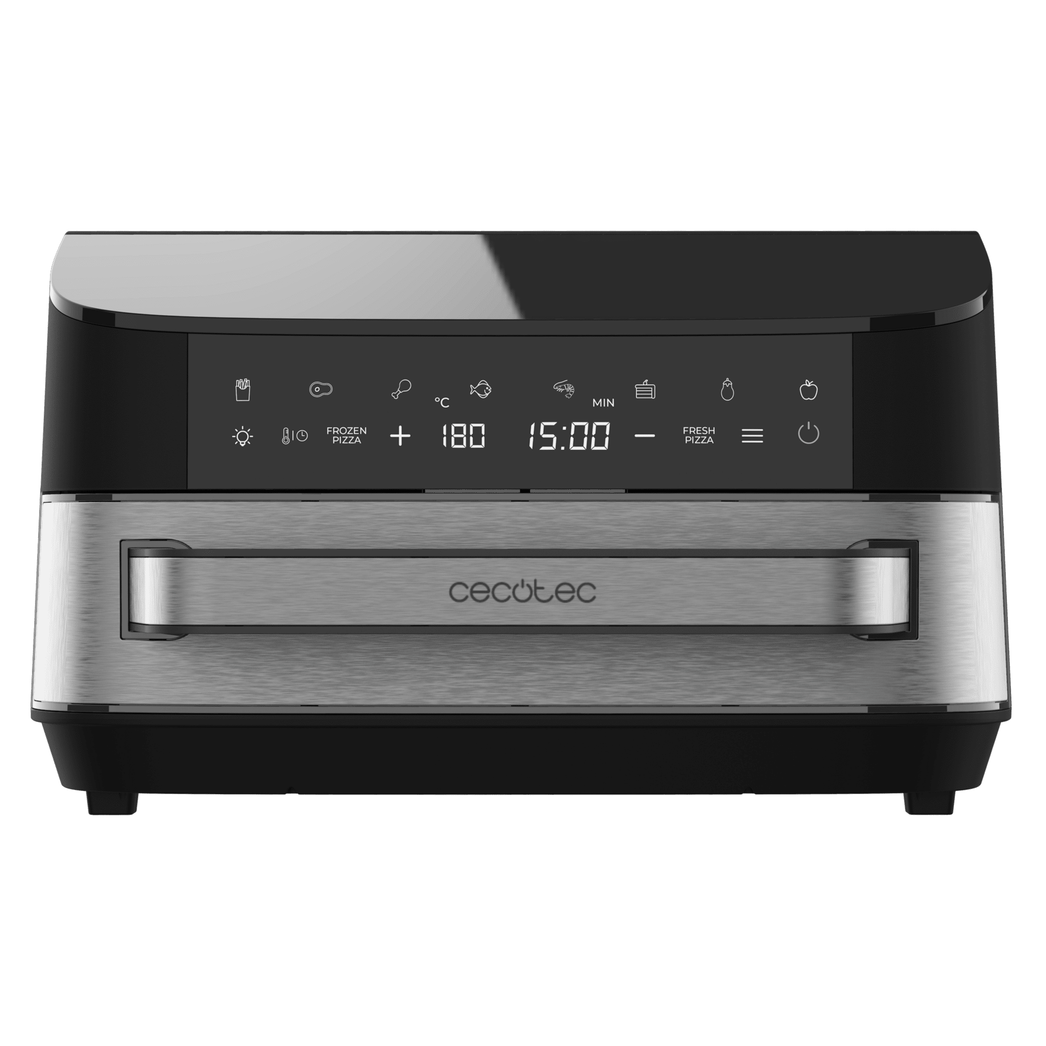 Un horno freidora de aire Cecotec negro con asa plateada y pantalla digital.