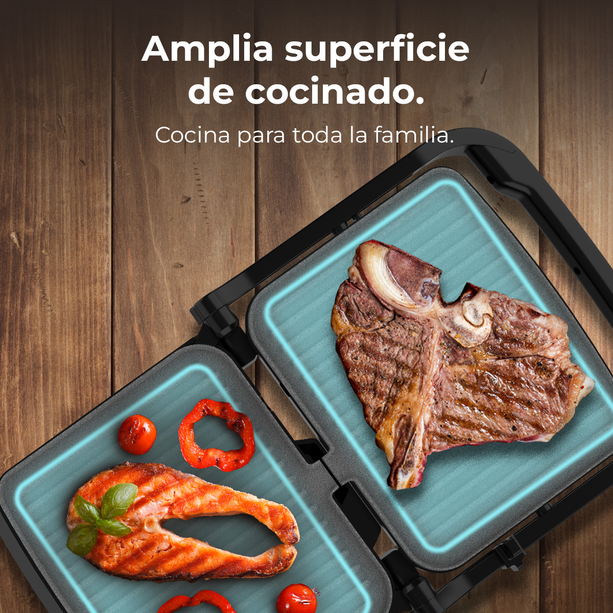 Amplia superficie de cocinado. Cocina para toda la familia.