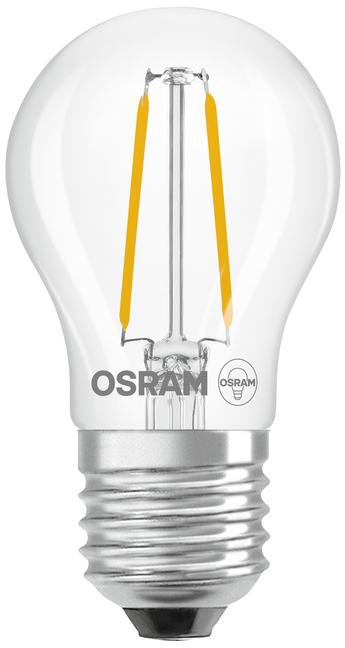 Une ampoule LED transparente avec deux filaments jaunes et logo OSRAM.