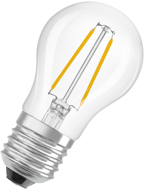 Une ampoule LED transparente avec une base argentée et deux filaments jaunes.